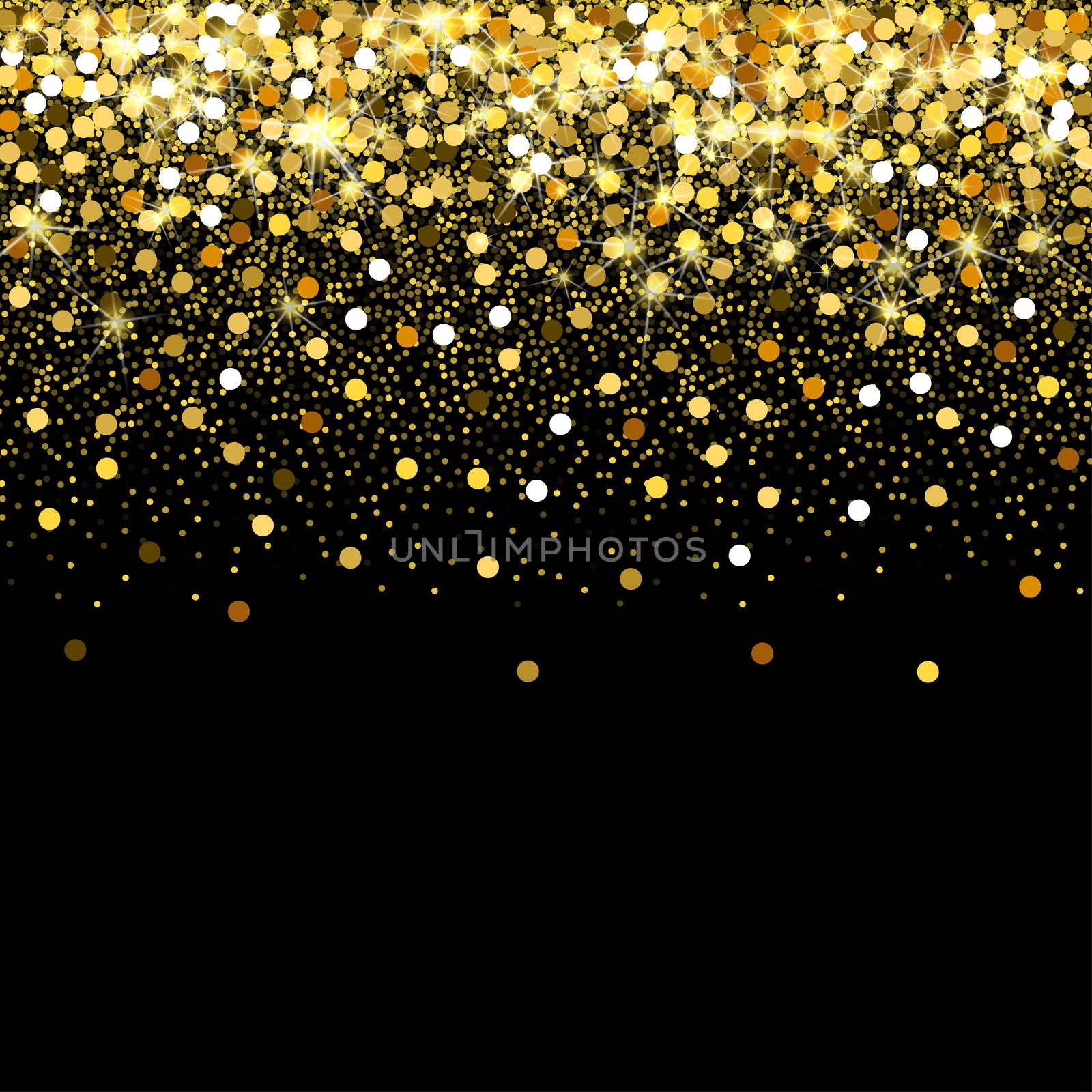 Falling golden particles on a black background. Scattered golden confetti. Rich luxury fashion backdrop. Bright shining gold. Gold round dots. by Elena_Garder