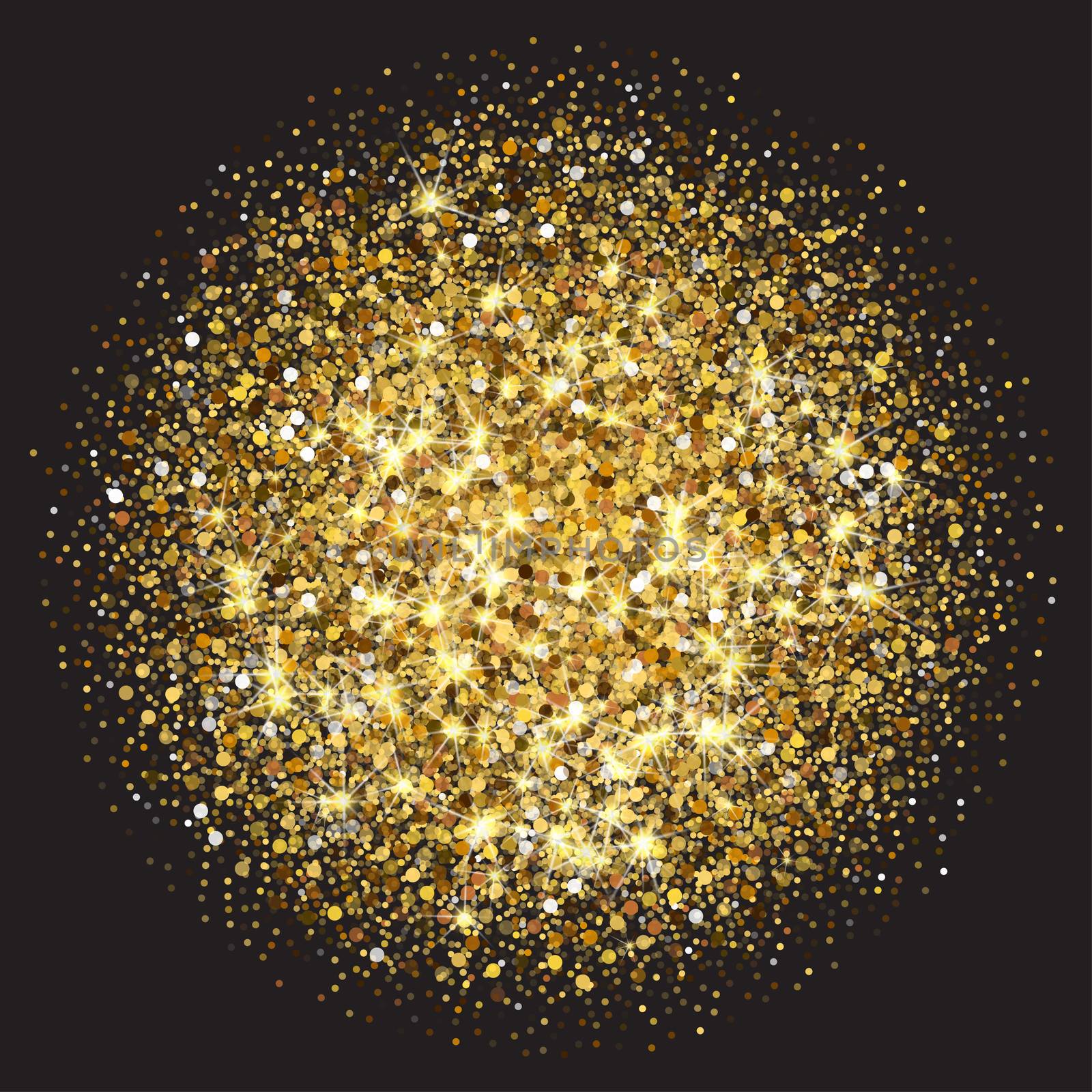 Golden glittering circle made of dots. Luxury golden round dots on black backdrop. Amber particles gold confetti.