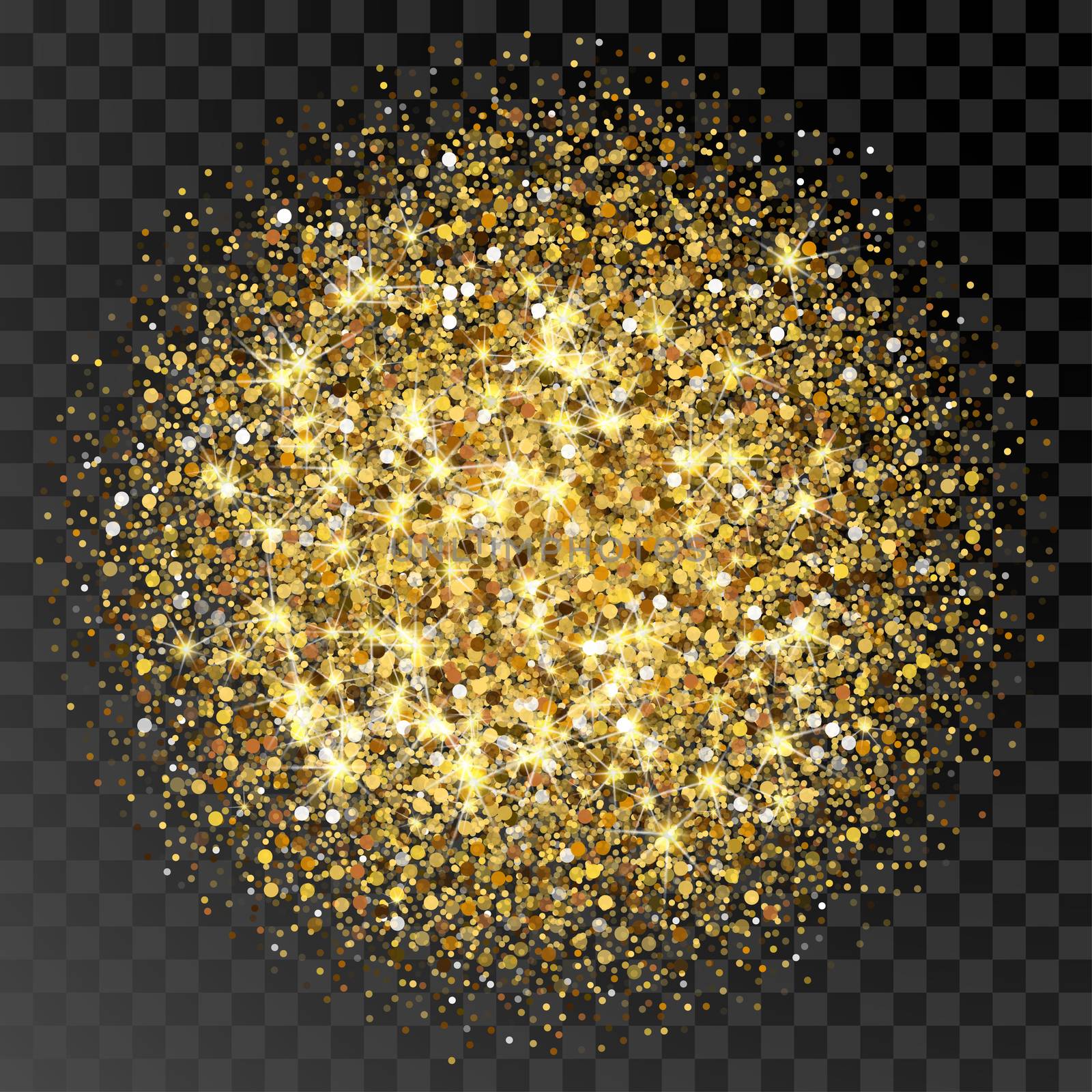 Golden glittering circle made of dots. Luxury golden round dots on transparent black backdrop. Amber particles gold confetti.
