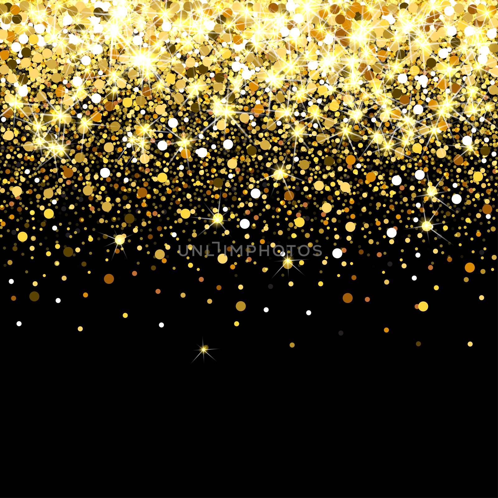Falling golden particles on a black background. Scattered golden confetti. Bright shining gold. Rich luxury fashion glitter backdrop. Gold round dots.