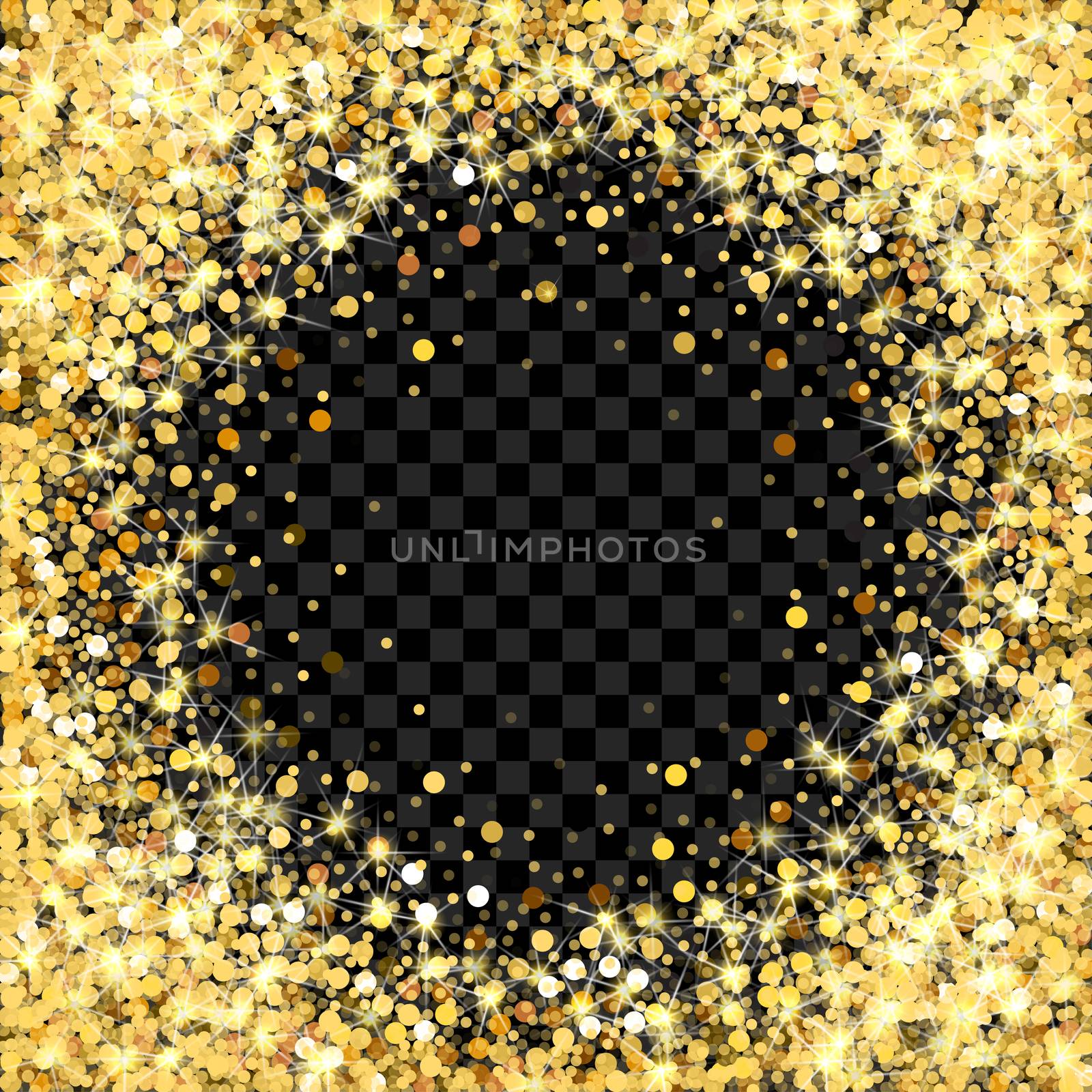 Gold glitter frame with empty space for text. Scattered golden confetti border on transparent background. Bright shining gold. Rich luxury fashion glitter backdrop. Golden round dots.