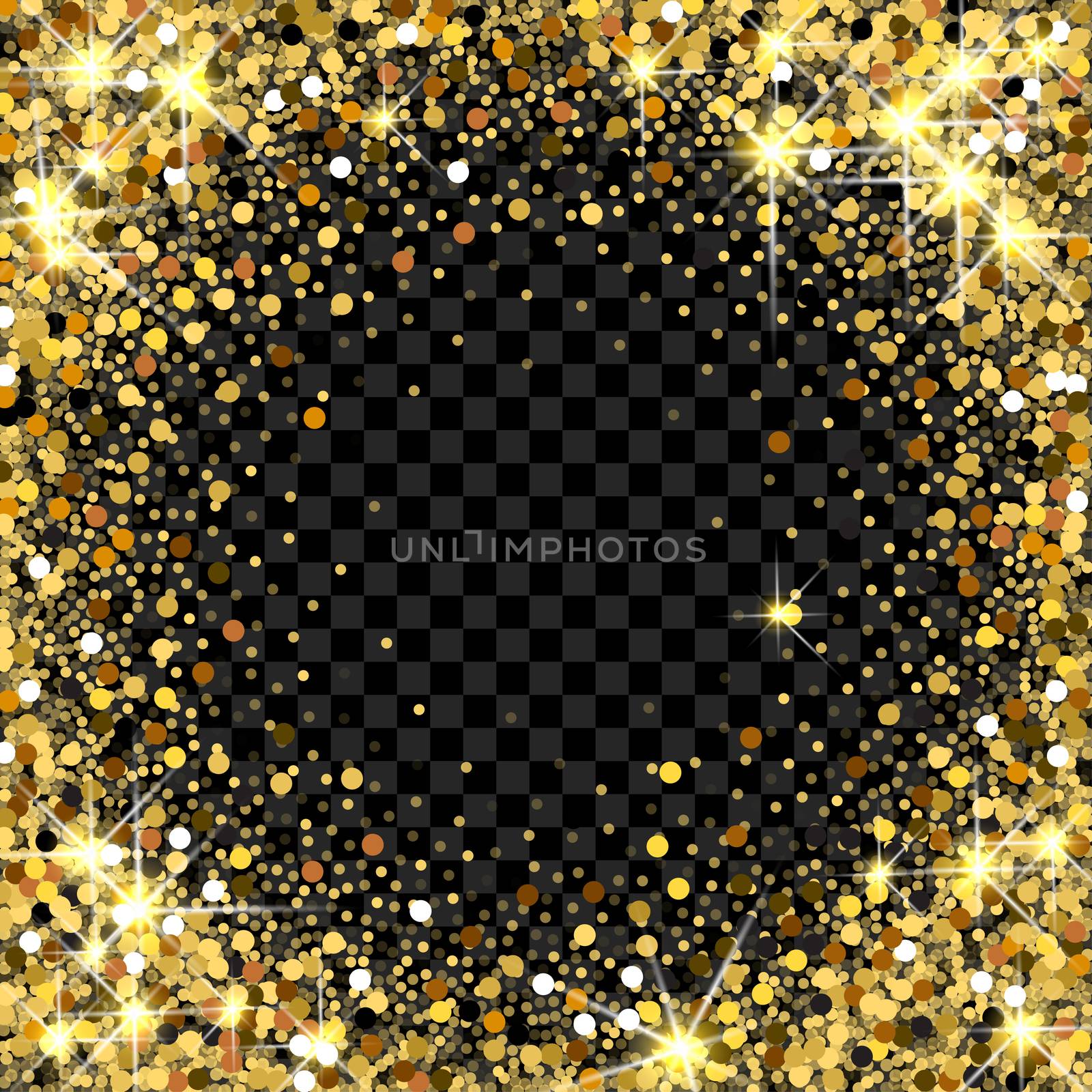 Gold glitter frame with empty space for text. Scattered golden confetti. Golden round dots. Bright shining gold. Rich luxury fashion glitter backdrop. by Elena_Garder