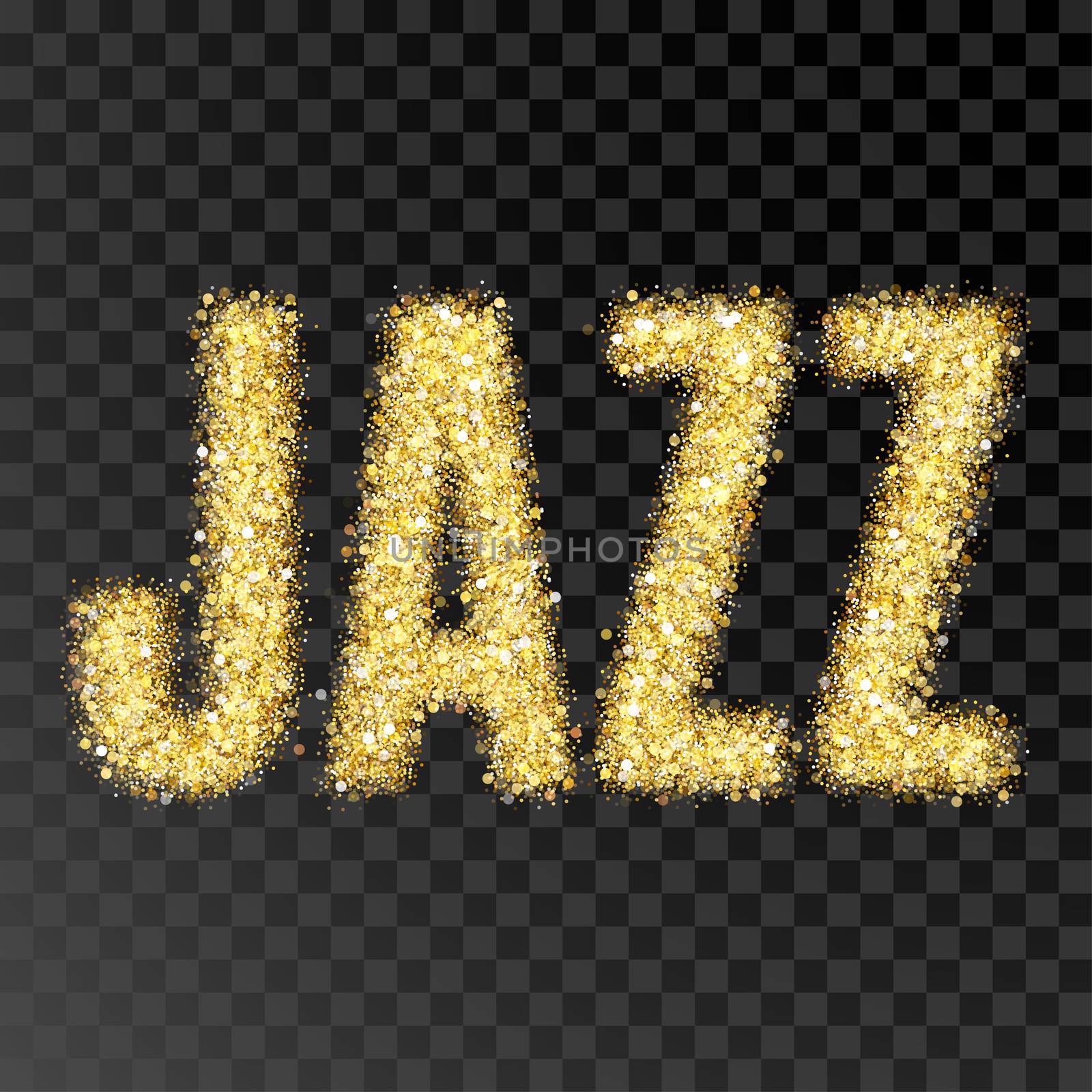 Gold glitter Inscription jazz. Golden sparcle word jazz on black transparent background. Amber particles. by Elena_Garder