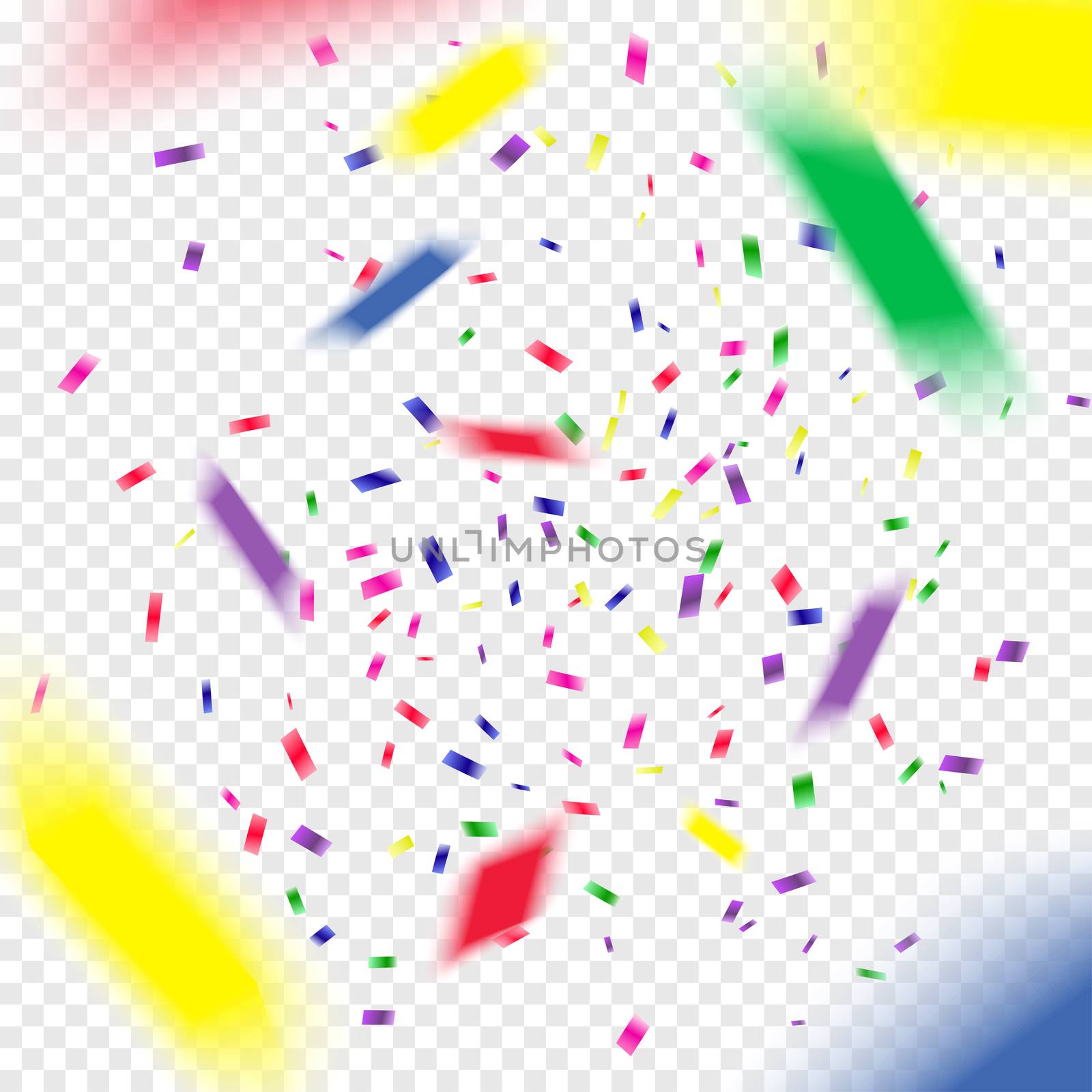 Multicolored paper 3d confetti on transparent background. Realistic holiday decorations flying. Empty space for text. Background for holiday cards, greetings. Colorful flying falling the elements of decoration of the celebration.