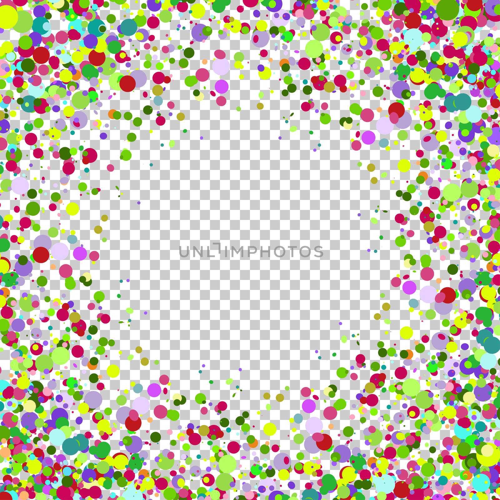 Multicolored paper confetti on transparent background. Realistic holiday decorations flying. Empty space for text. Background for holiday cards, greetings. Colorful flying falling the elements of decoration of the celebration.