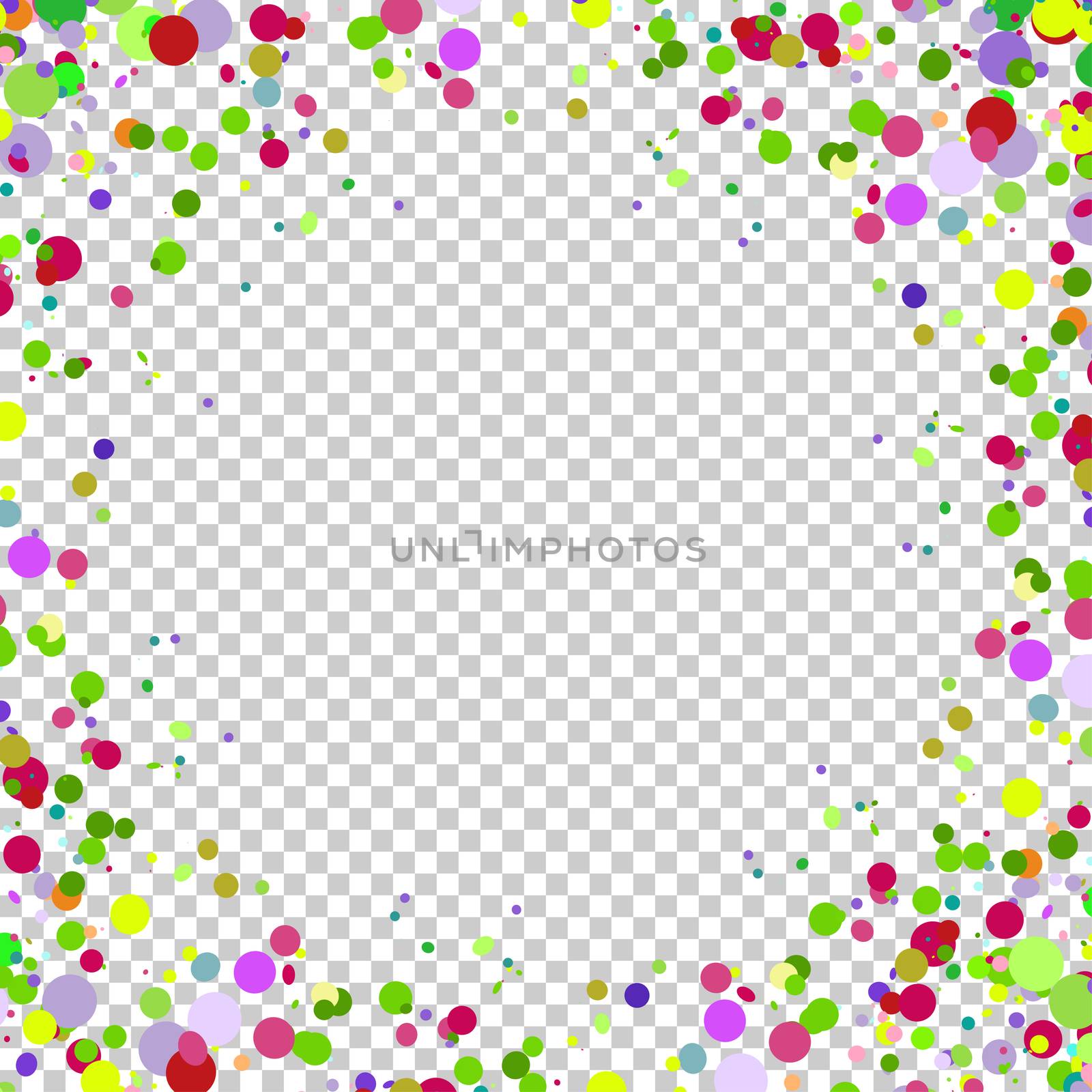 Multicolored paper confetti on transparent background. Realistic holiday decorations flying. Empty space for text. Background for holiday cards, greetings. Colorful flying falling the elements of decoration of the celebration.