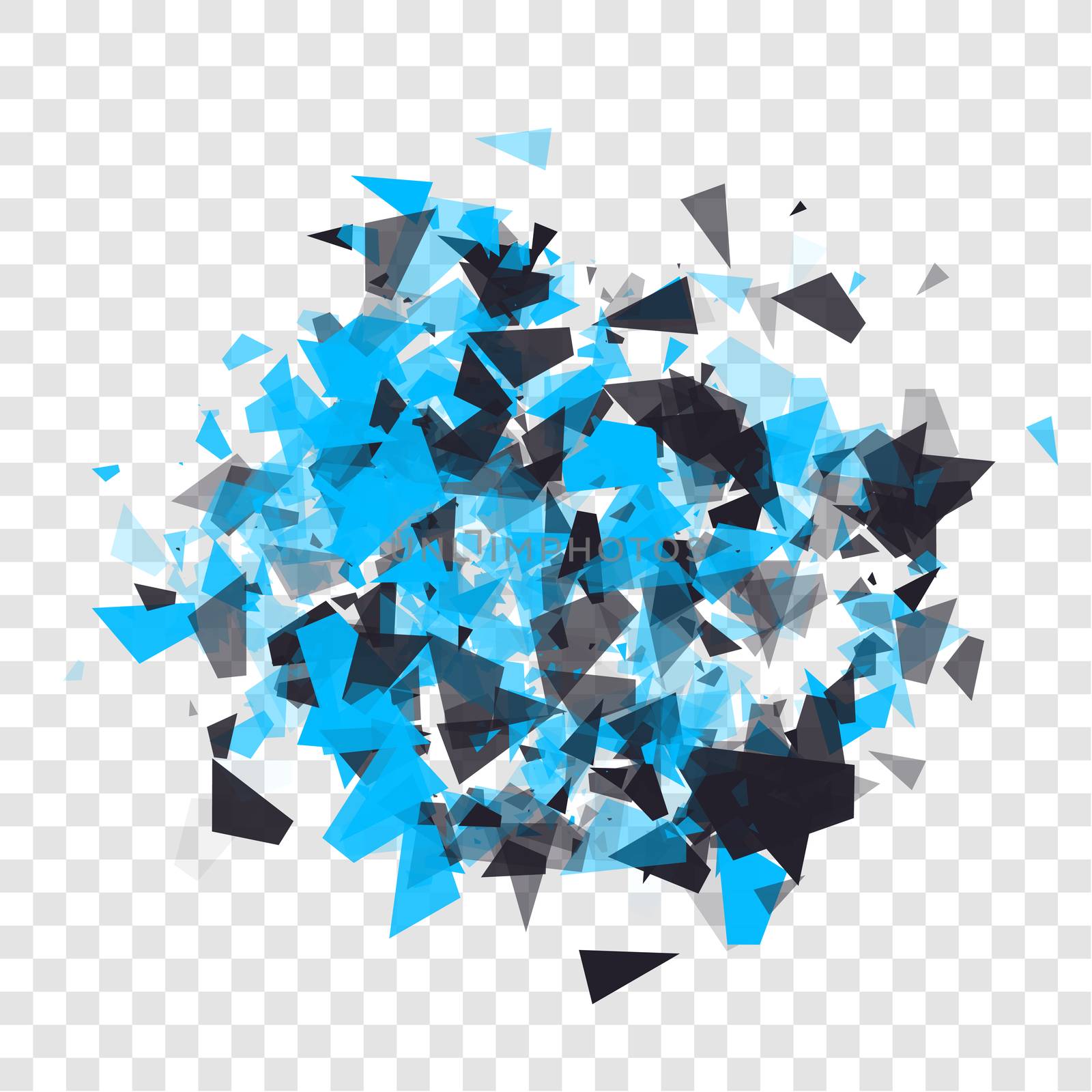 Abstract triangles particles with transparent shadows. Advertisement panel, infographic background, item showcase concept. Explosion cloud of black and blue pieces on transparent background. by Elena_Garder