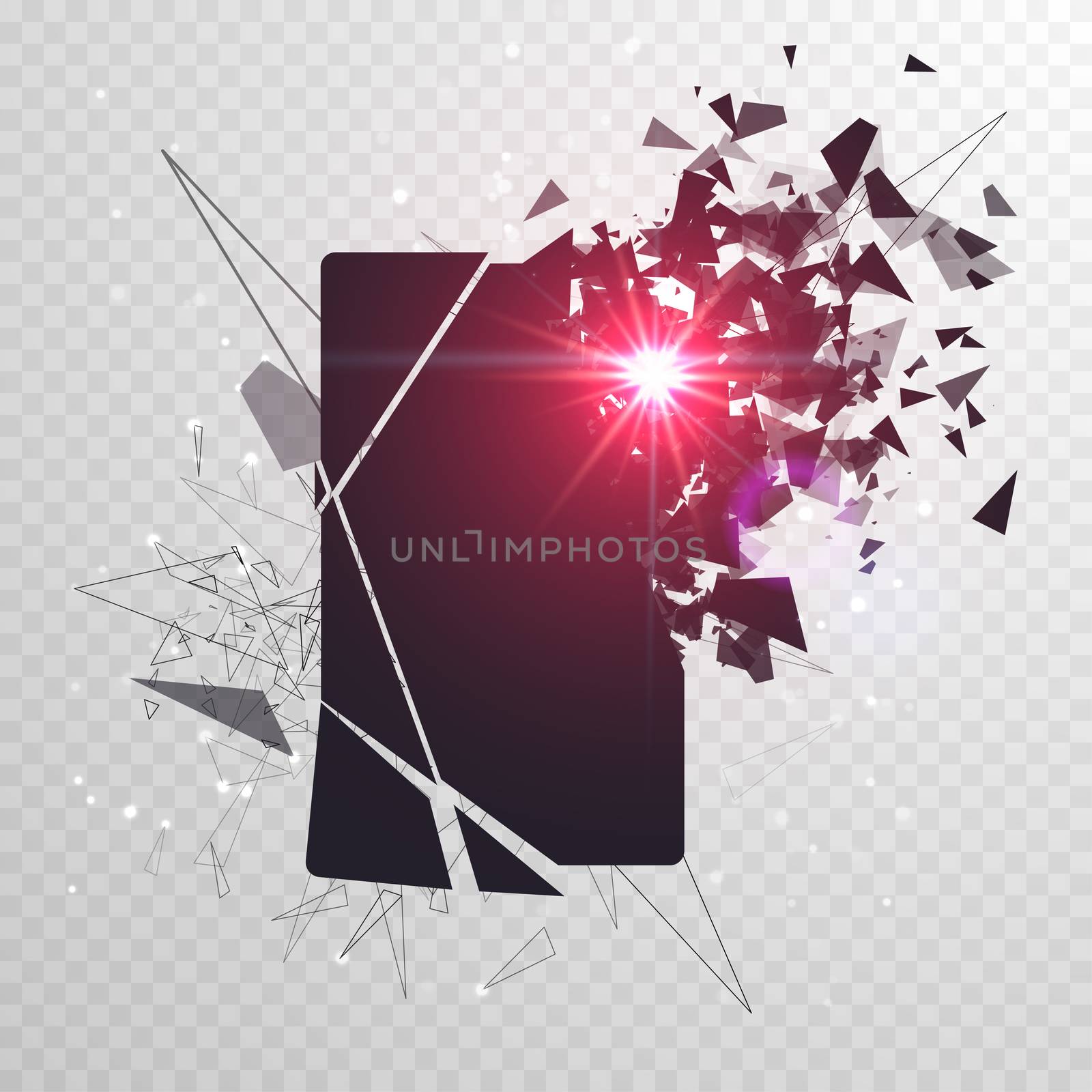 Cracked phone screen shatters into pieces. Broken smartphone split by the explosion. Display of the phone shattered. Modern gadget needs to be repaired. by Elena_Garder