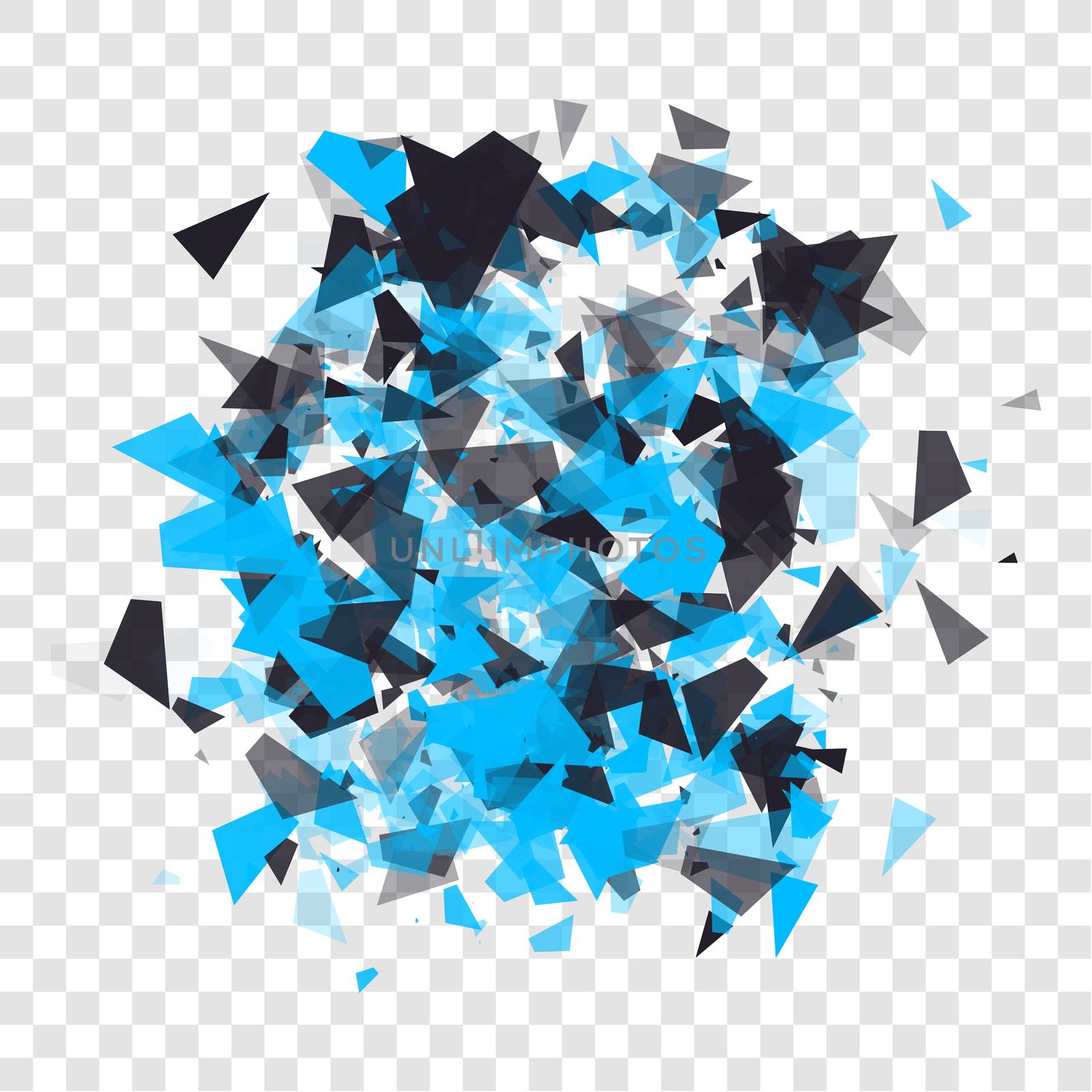 Abstract triangles particles with transparent shadows. Advertisement panel, infographic background, item showcase concept. Explosion cloud of black and blue pieces on transparent background. by Elena_Garder