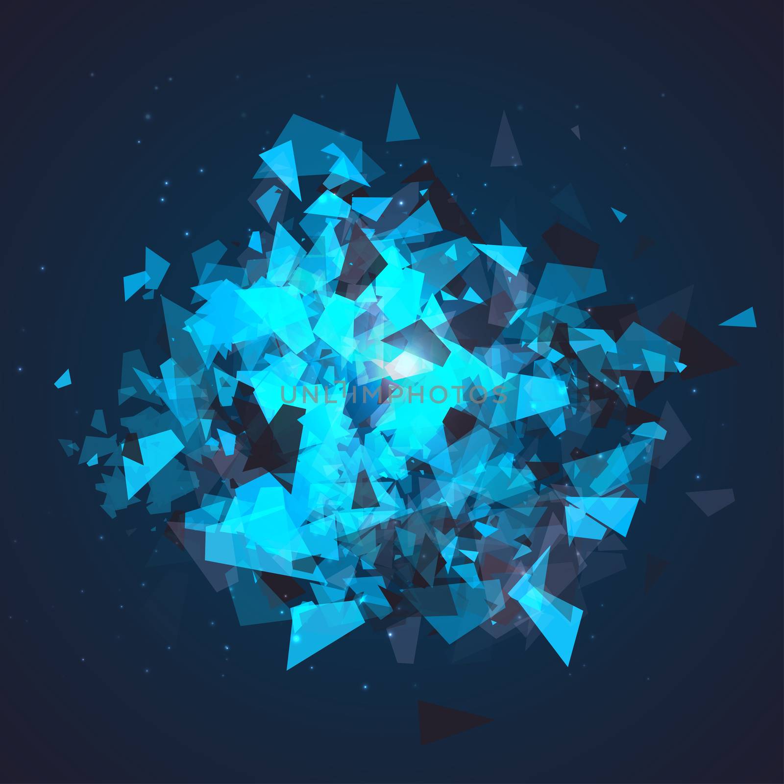 Abstract triangles particles with transparent shadows. Advertisement panel, infographic background, item showcase concept. Explosion cloud of black and blue pieces on dark space background. by Elena_Garder