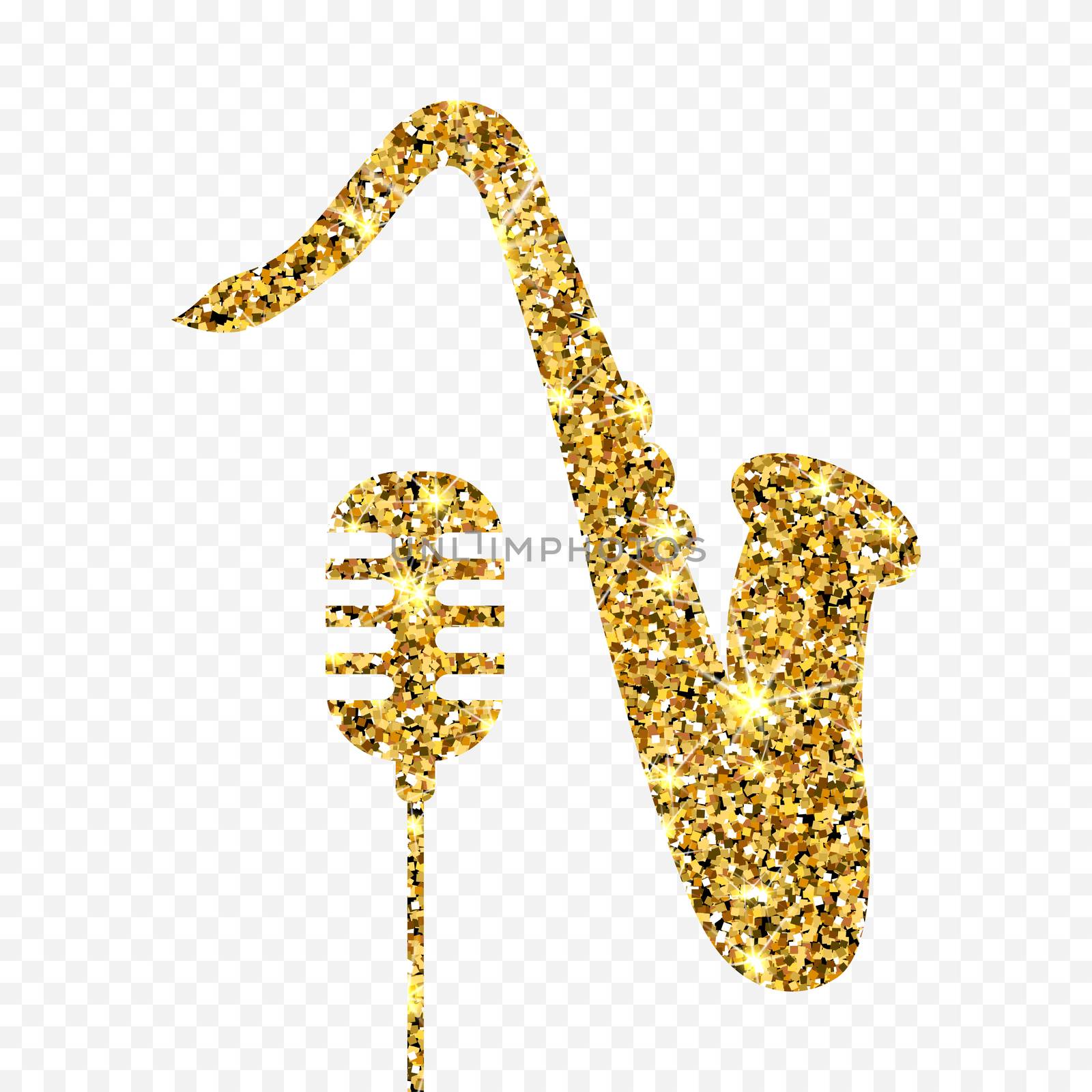 Gold glitter Old microphone and saxophone. Golden sparcle retro microphone and saxophone on transparent background. Amber particles gold confetti element. by Elena_Garder