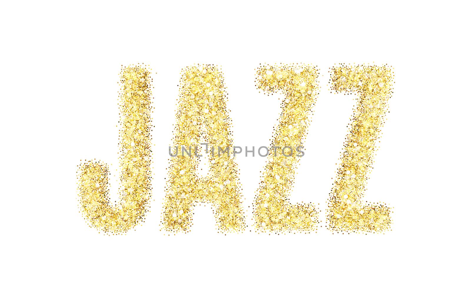Gold glitter Inscription jazz. Golden sparcle word jazz on black transparent background. Amber particles gold confetti.