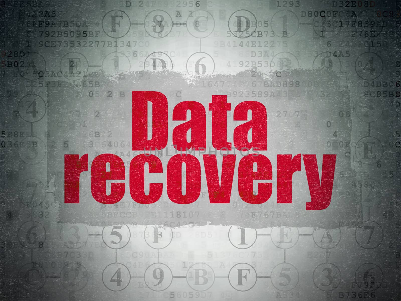 Data concept: Painted red text Data Recovery on Digital Data Paper background with  Scheme Of Hexadecimal Code