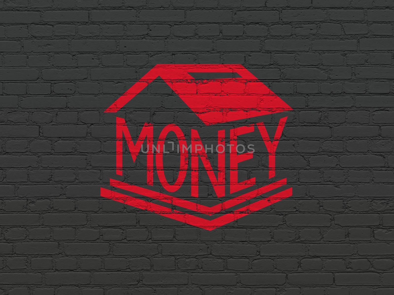 Money concept: Painted red Money Box icon on Black Brick wall background