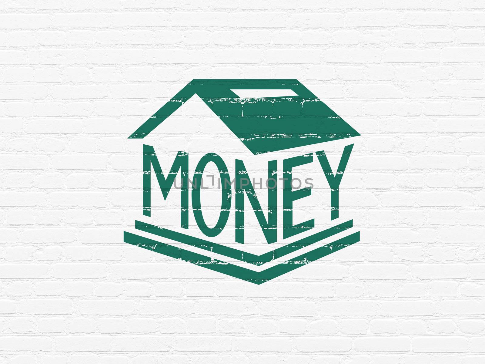 Banking concept: Painted green Money Box icon on White Brick wall background