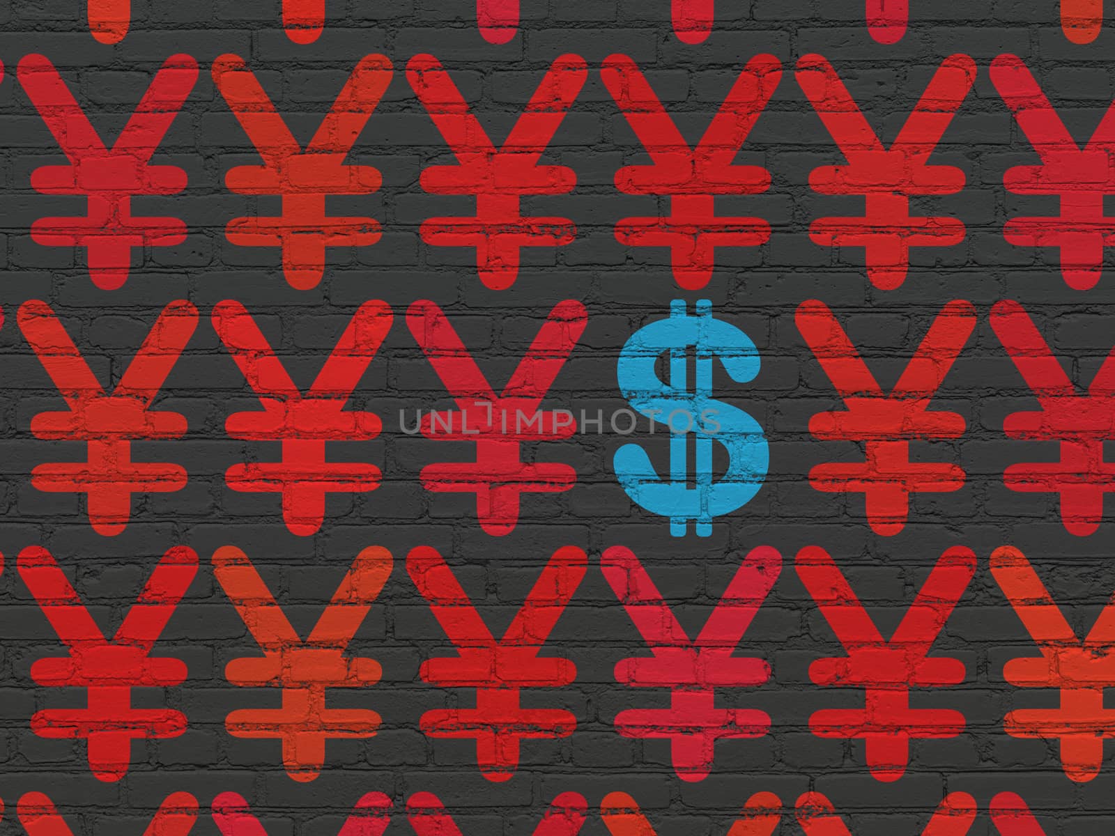 Money concept: rows of Painted red yen icons around blue dollar icon on Black Brick wall background