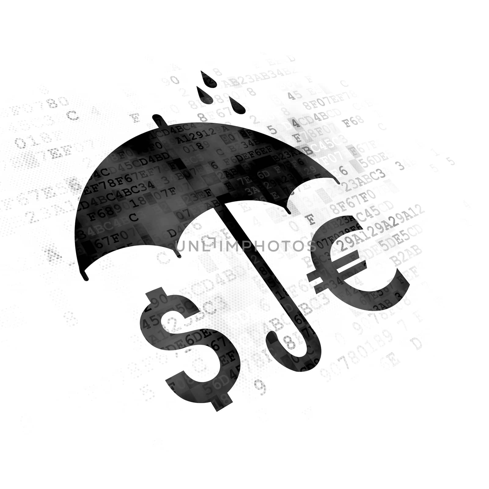 Safety concept: Pixelated black Money And Umbrella icon on Digital background