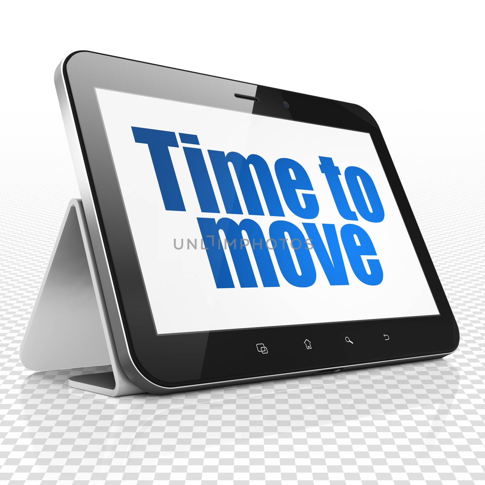 Timeline concept: Tablet Computer with blue text Time to Move on display, 3D rendering