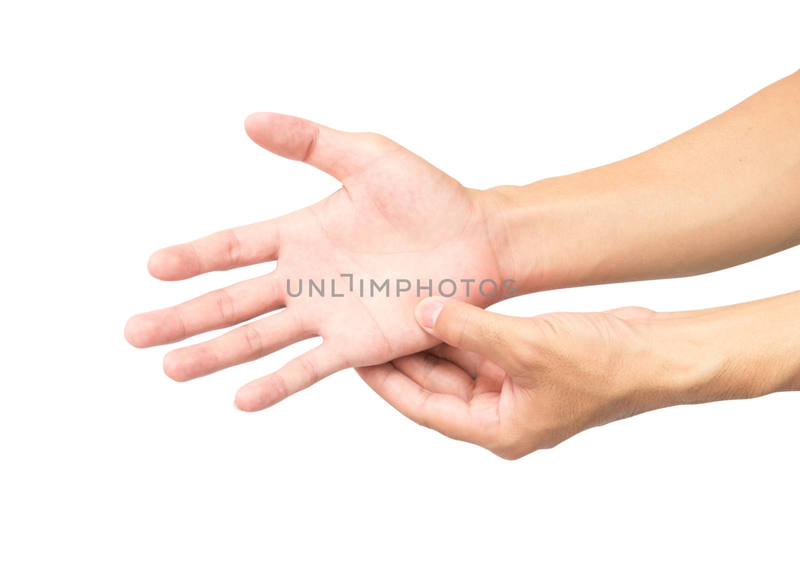 Man hand with pain on white background, health care and medical  by pt.pongsak@gmail.com