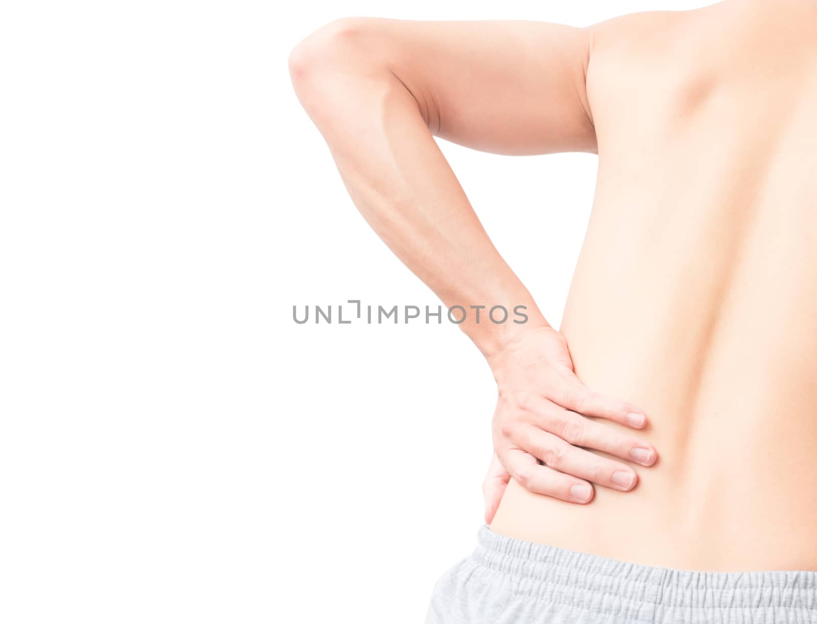 Young man hand holding back with pain on white background, healt by pt.pongsak@gmail.com