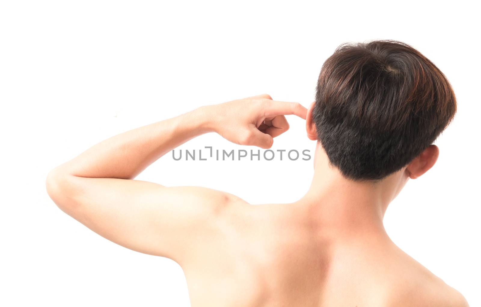 Man scratching an itch ear with finger on white background, health care and medical concept