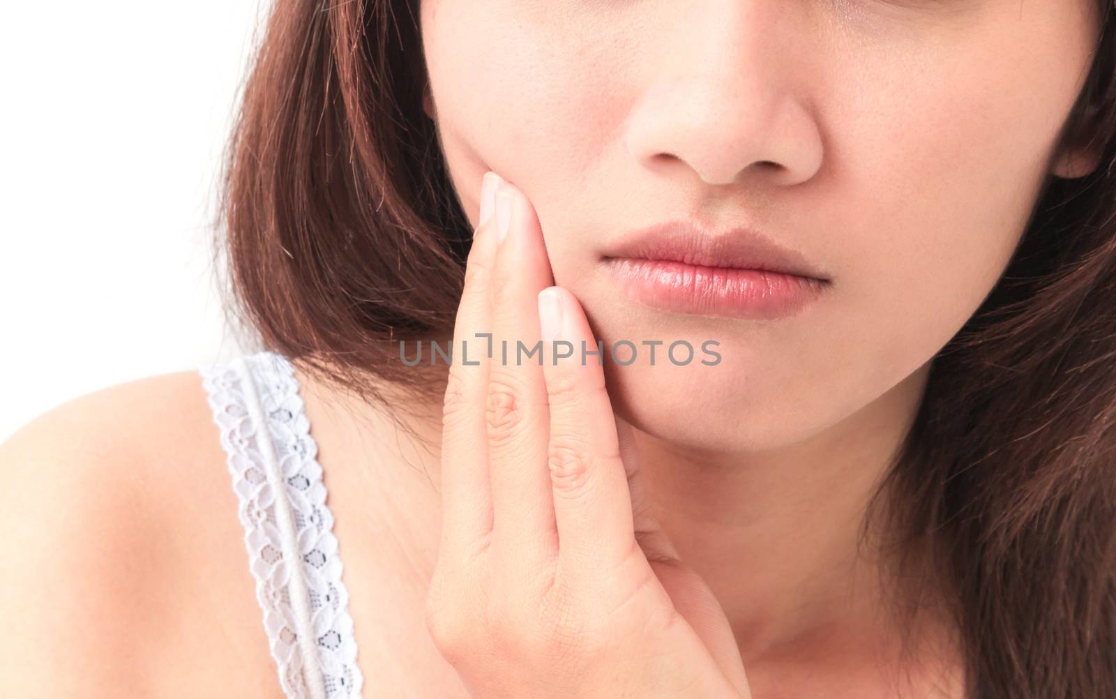 Closeup woman toothache with white background, health care and m by pt.pongsak@gmail.com