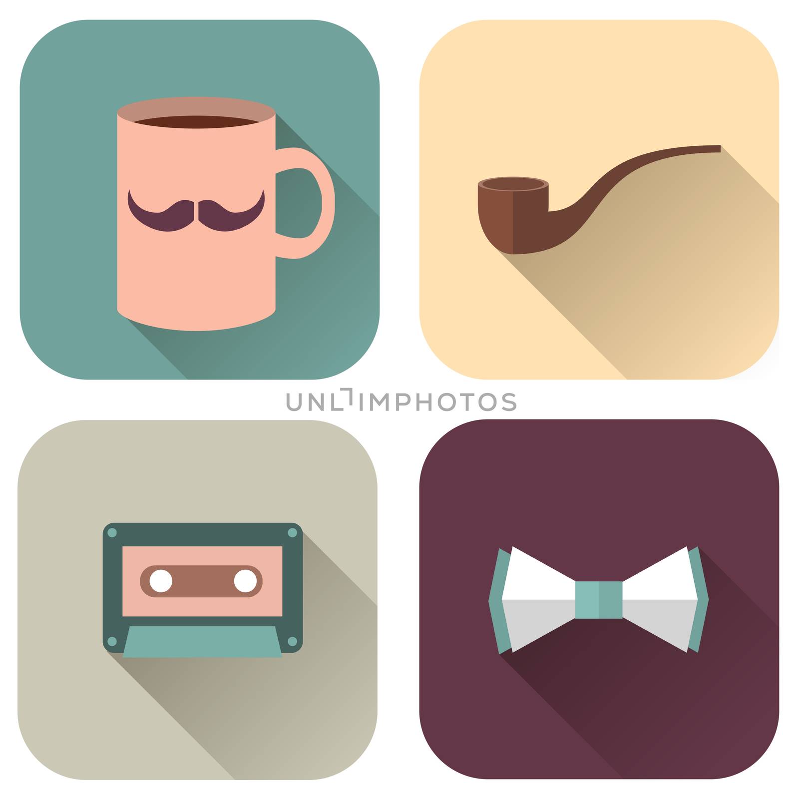  Illustration of Hipsters Accessories. Icons cup with mustache, pipe, audiocassette and bow tie