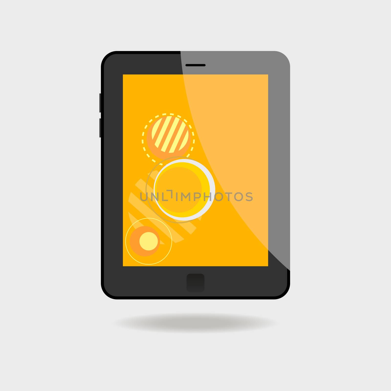 Realistic tablet pc computer with orange screen on white background