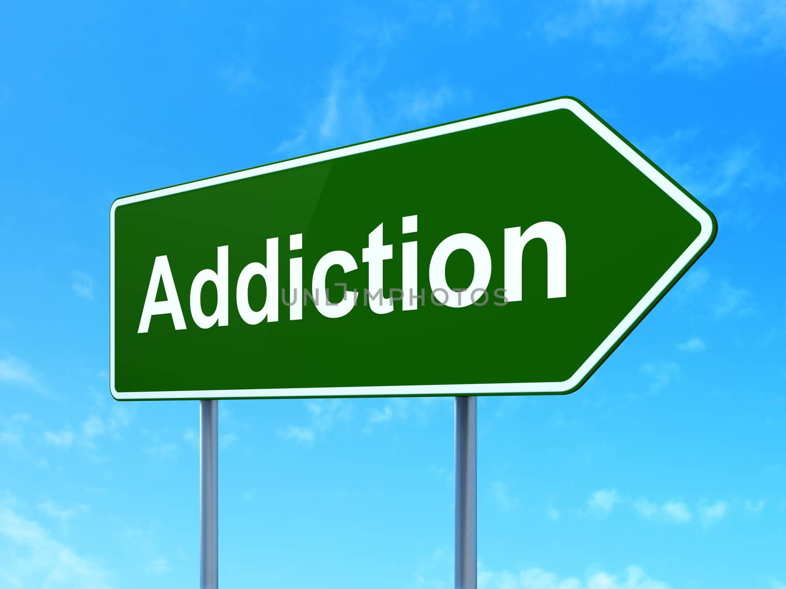 Health concept: Addiction on green road highway sign, clear blue sky background, 3D rendering