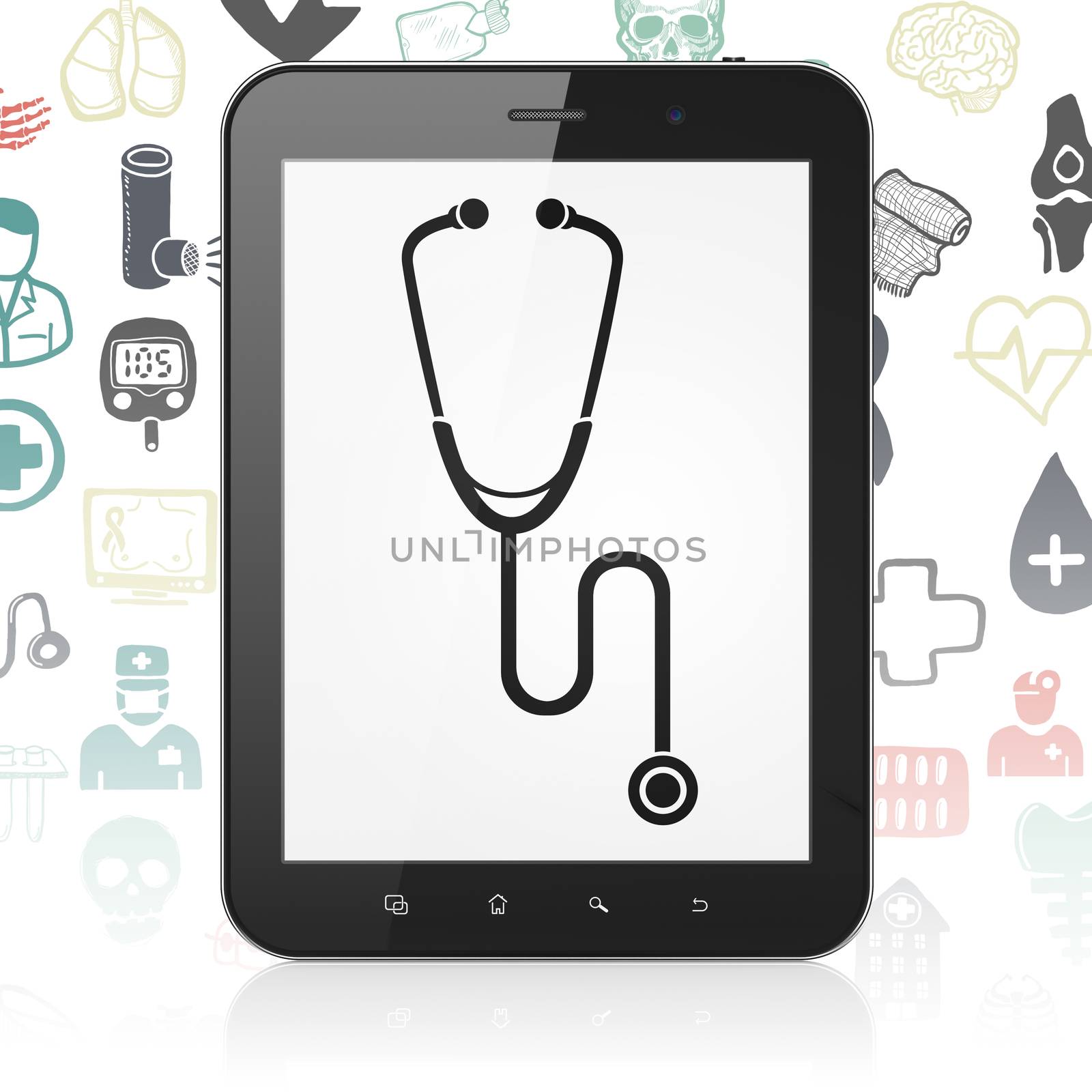 Medicine concept: Tablet Computer with  black Stethoscope icon on display,  Hand Drawn Medicine Icons background, 3D rendering