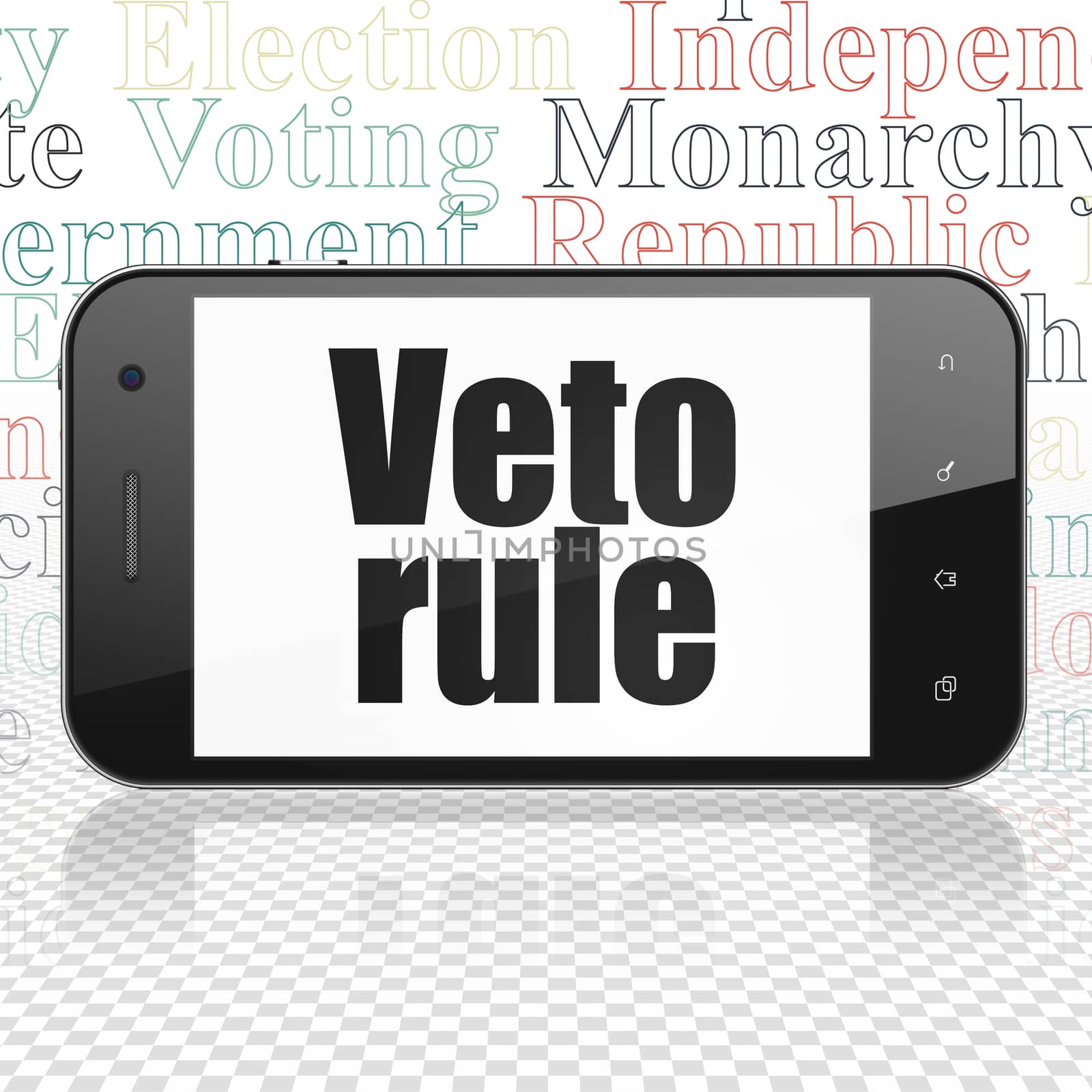 Politics concept: Smartphone with  black text Veto Rule on display,  Tag Cloud background, 3D rendering