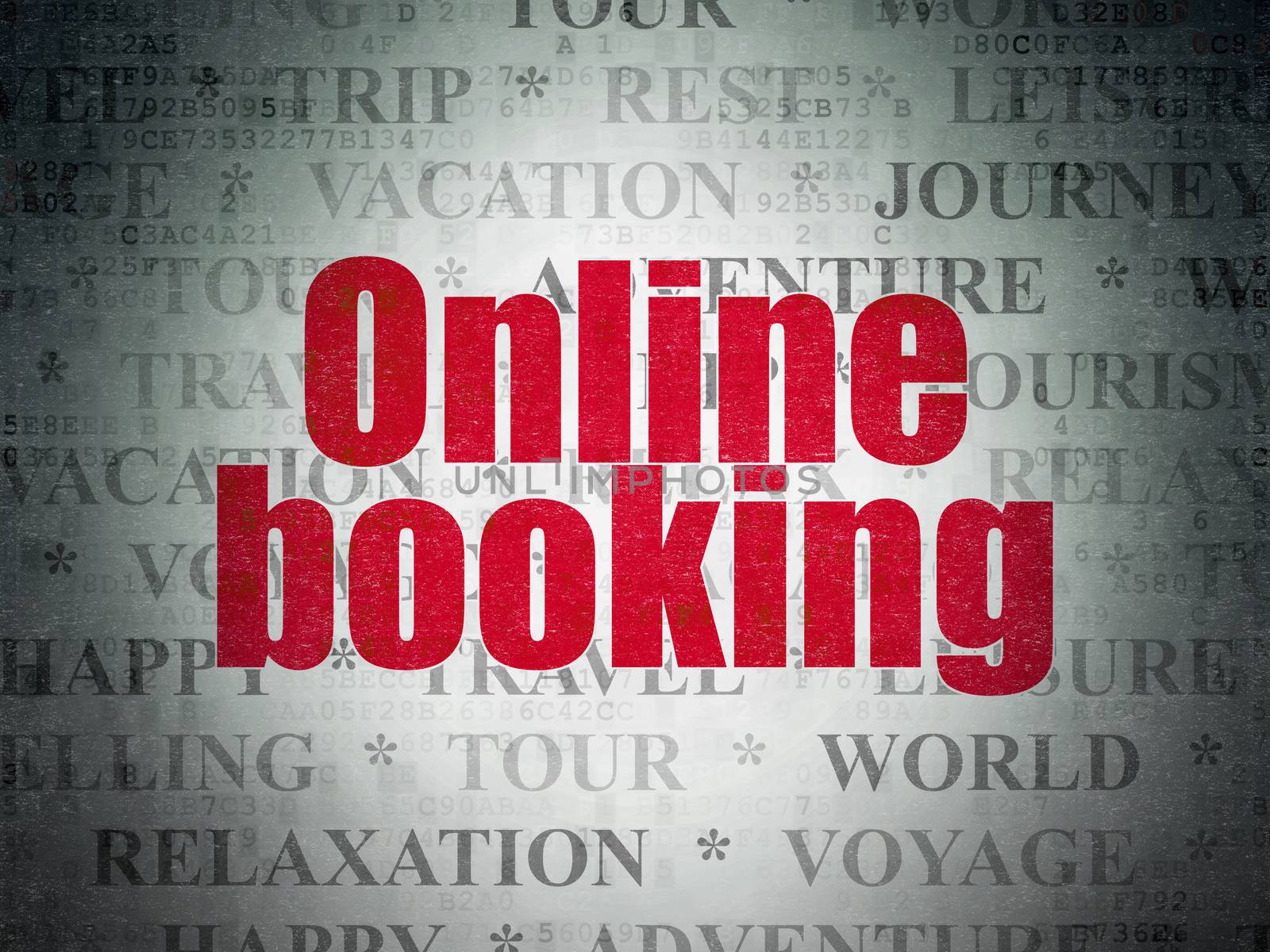 Tourism concept: Painted red text Online Booking on Digital Data Paper background with   Tag Cloud