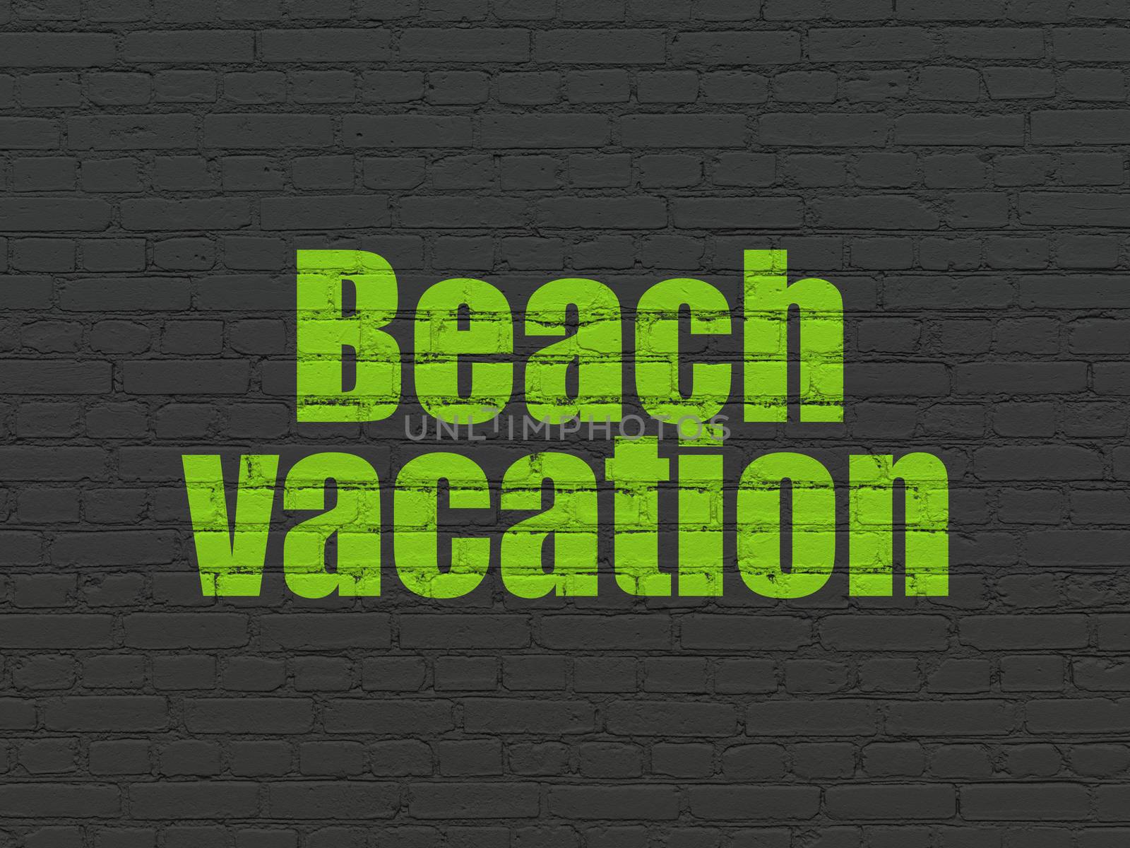 Tourism concept: Painted green text Beach Vacation on Black Brick wall background