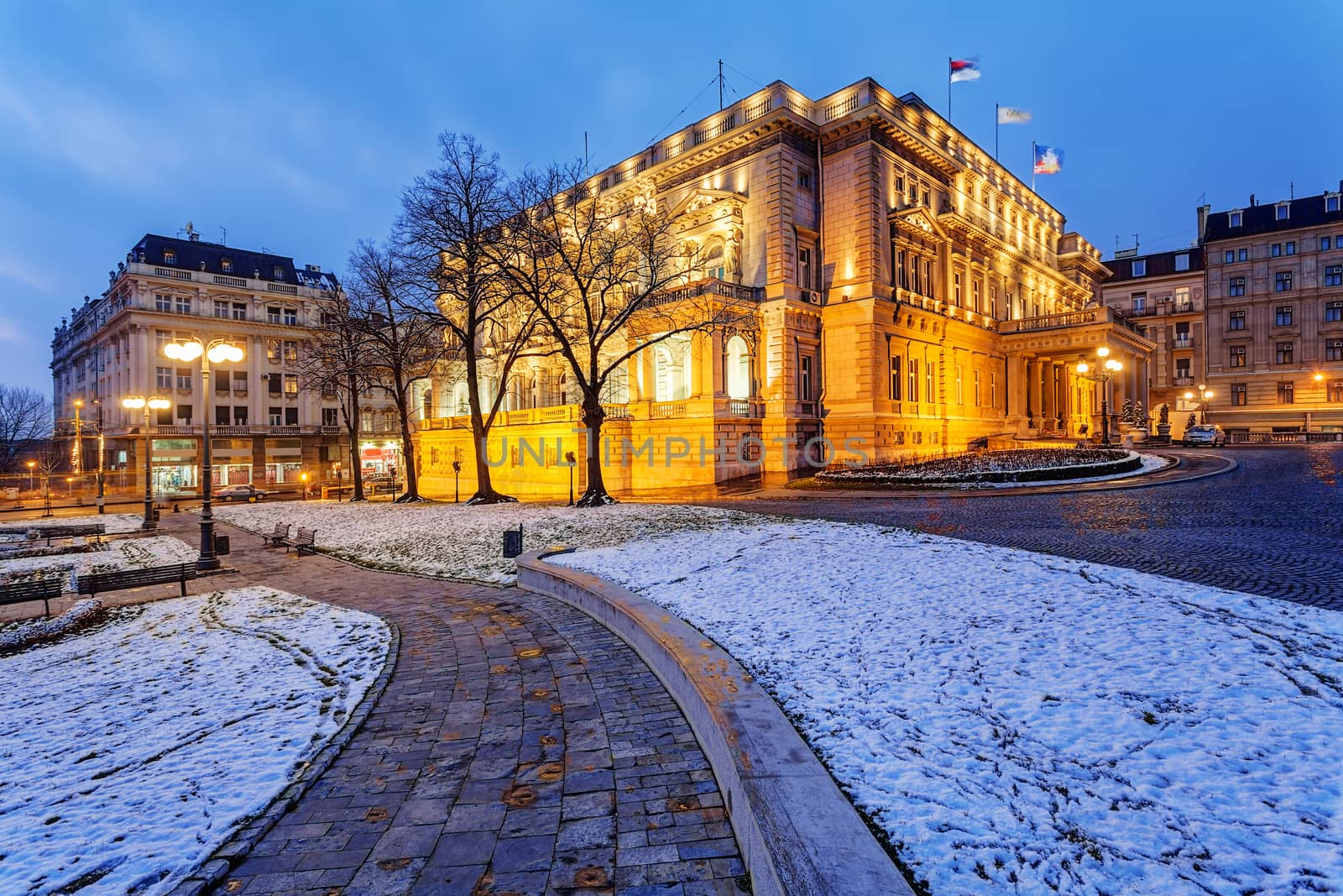 Exterior of classical building at night. Belgrade Serbia