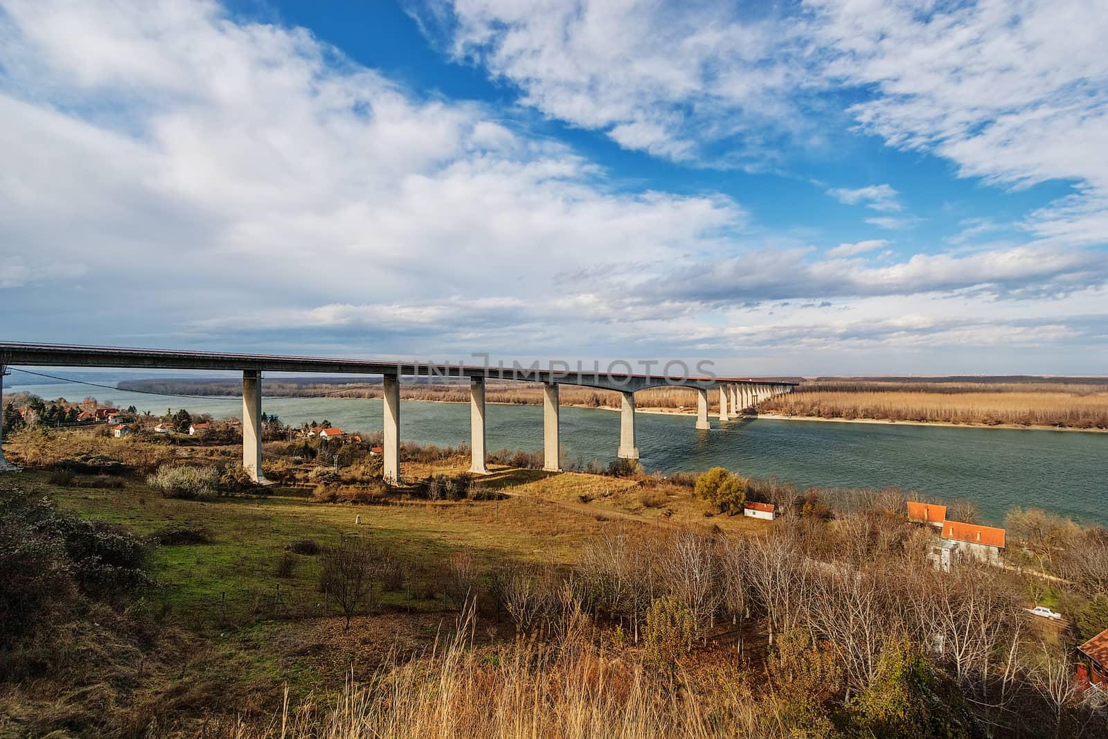 High altitude concrete bridge across river Danube