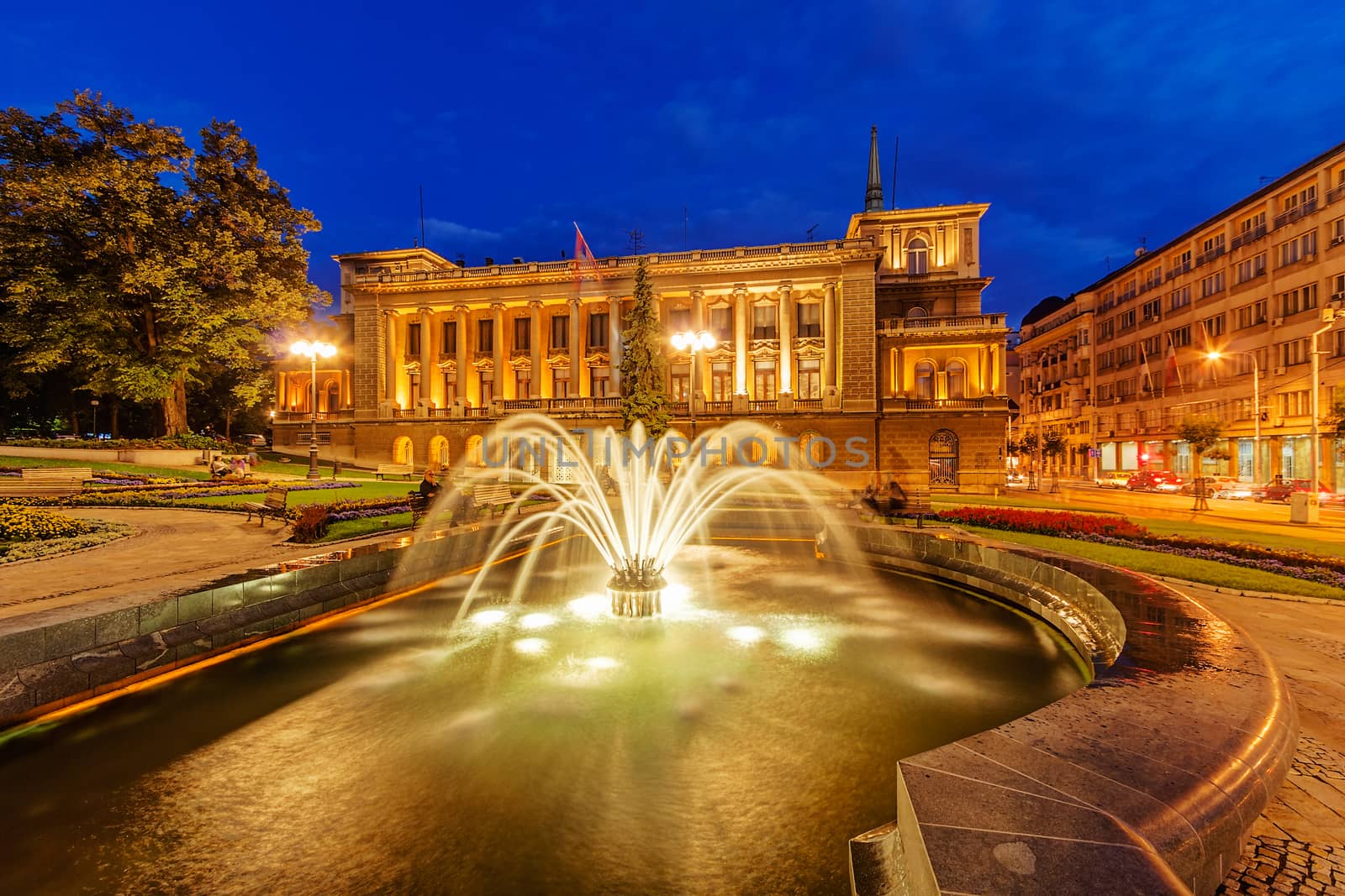 Exterior of classical building at night. Belgrade Serbia