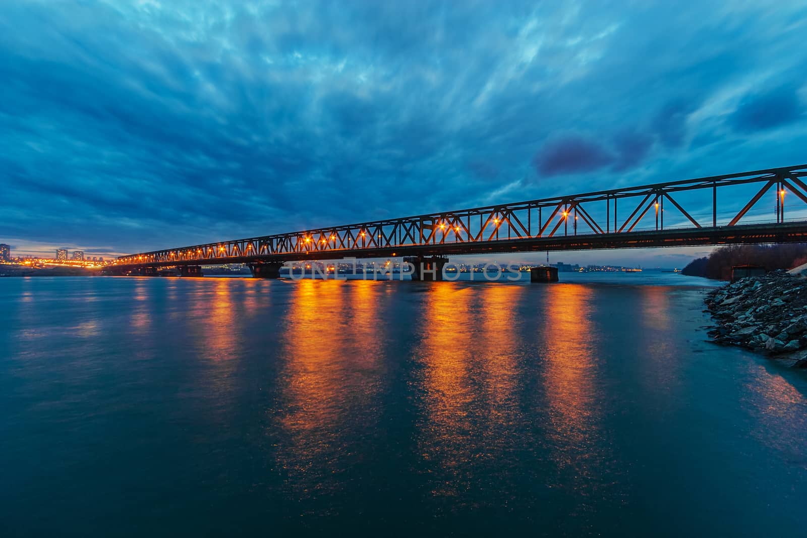 Bridge across river at night with artificial lightning, Belgrade Serbia