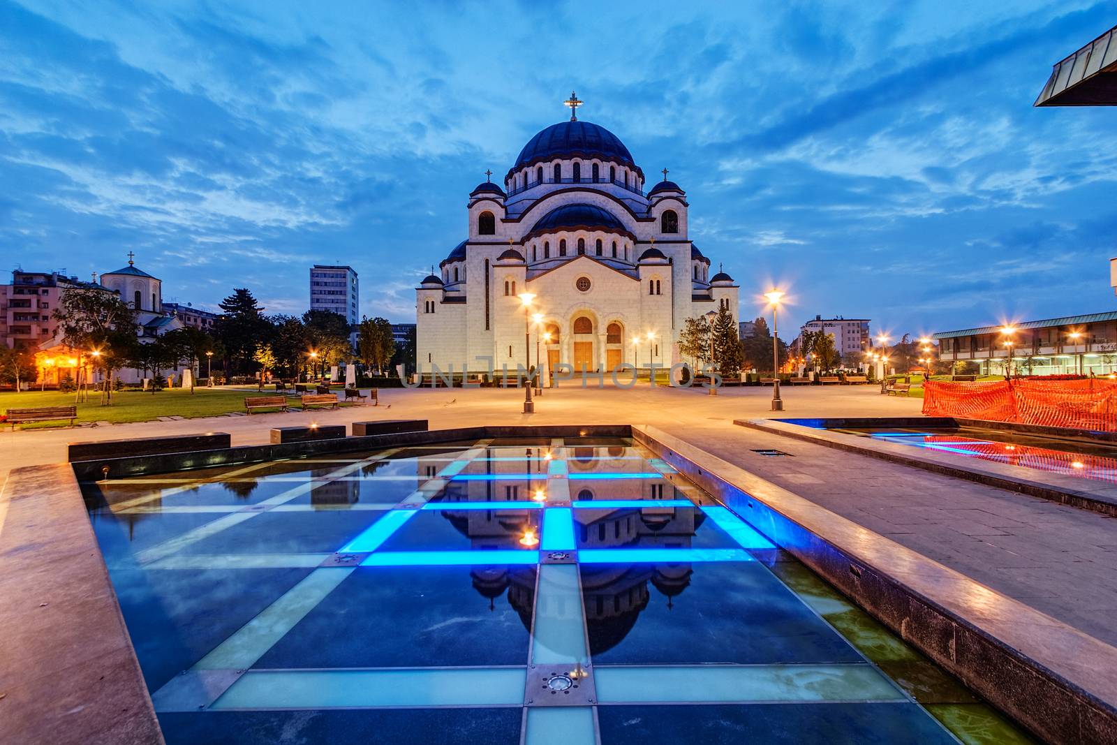 Saint Sava temple with fountain in Belgrade Serbia