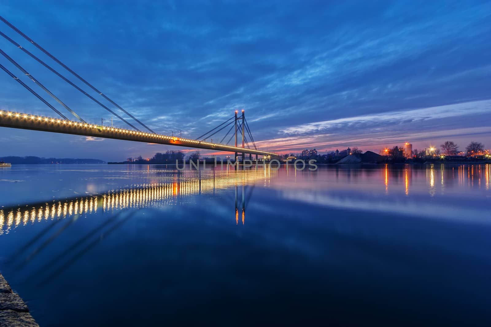 Bridge across river at night with artificial lightning, Belgrade Serbia