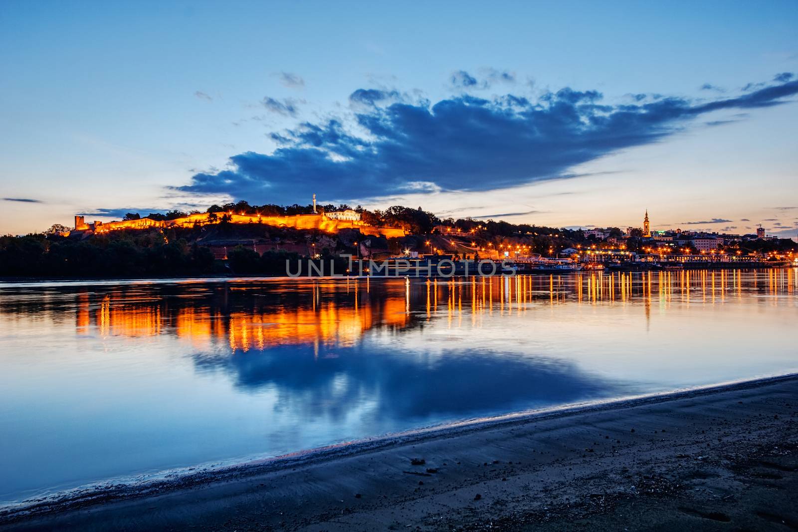 Panorama of Belgrade at night with river sava