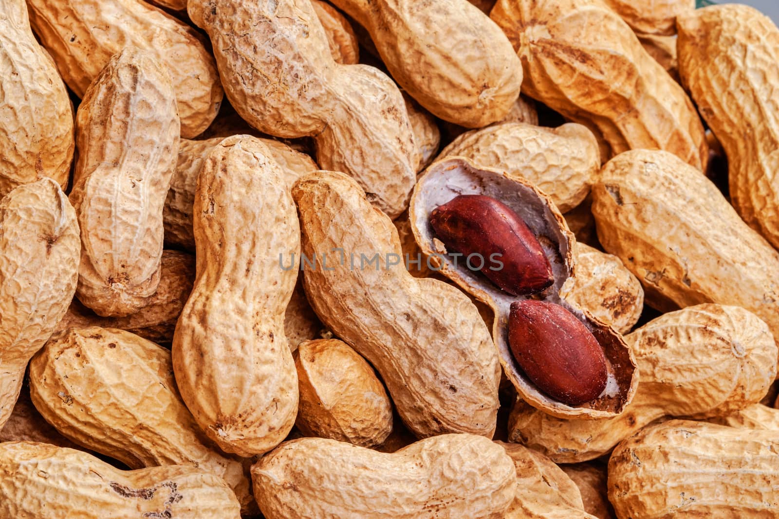 Peanuts in shell close up on the white background