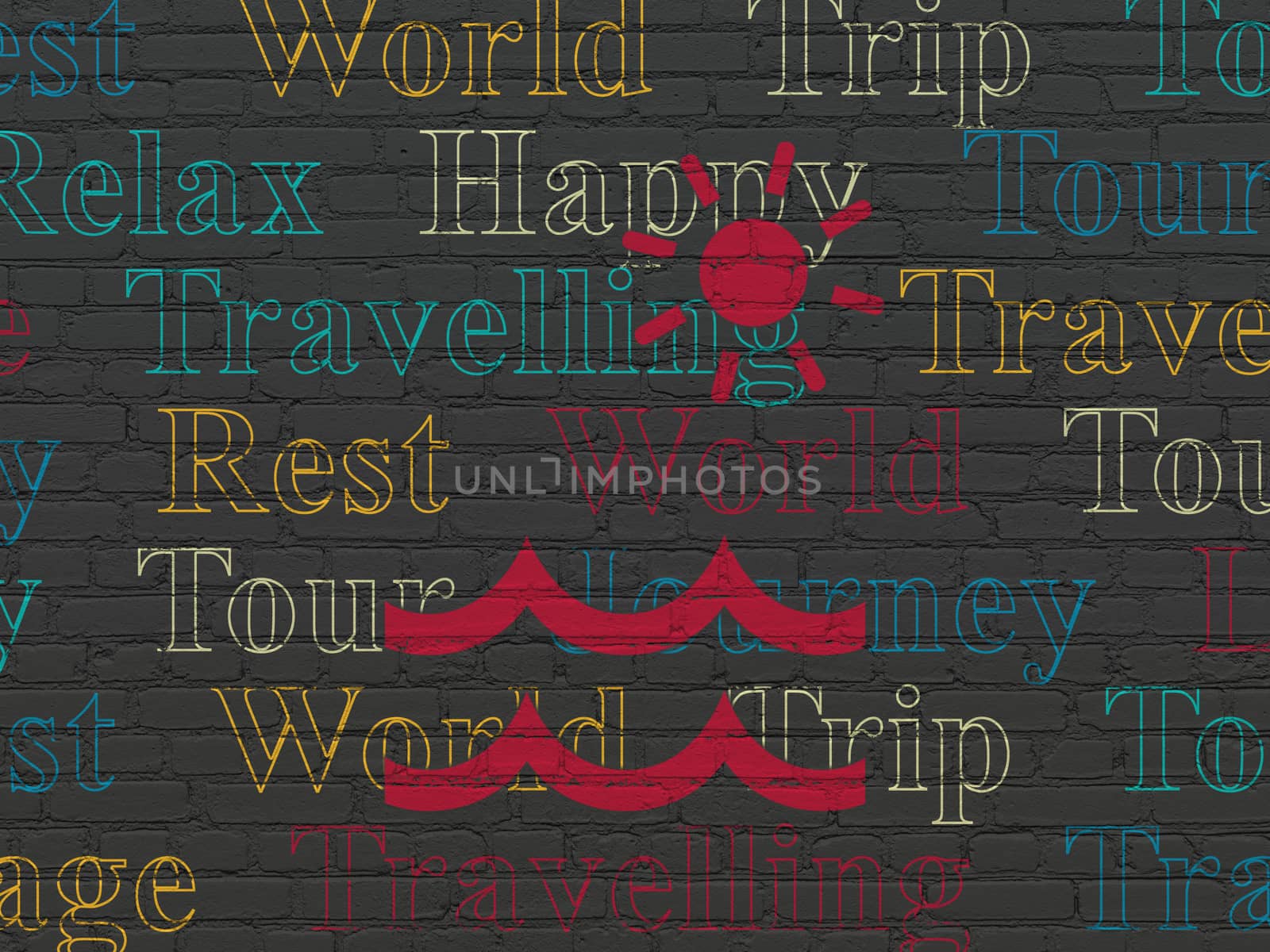 Travel concept: Painted red Beach icon on Black Brick wall background with  Tag Cloud