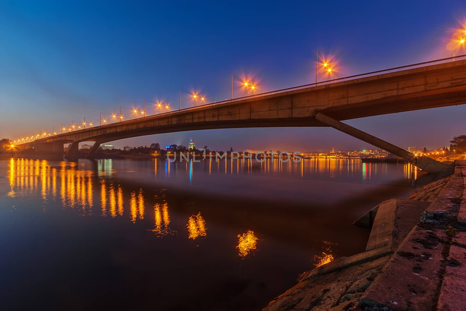 Bridge across river Sava at night with artificial lightning, Belgrade Serbia