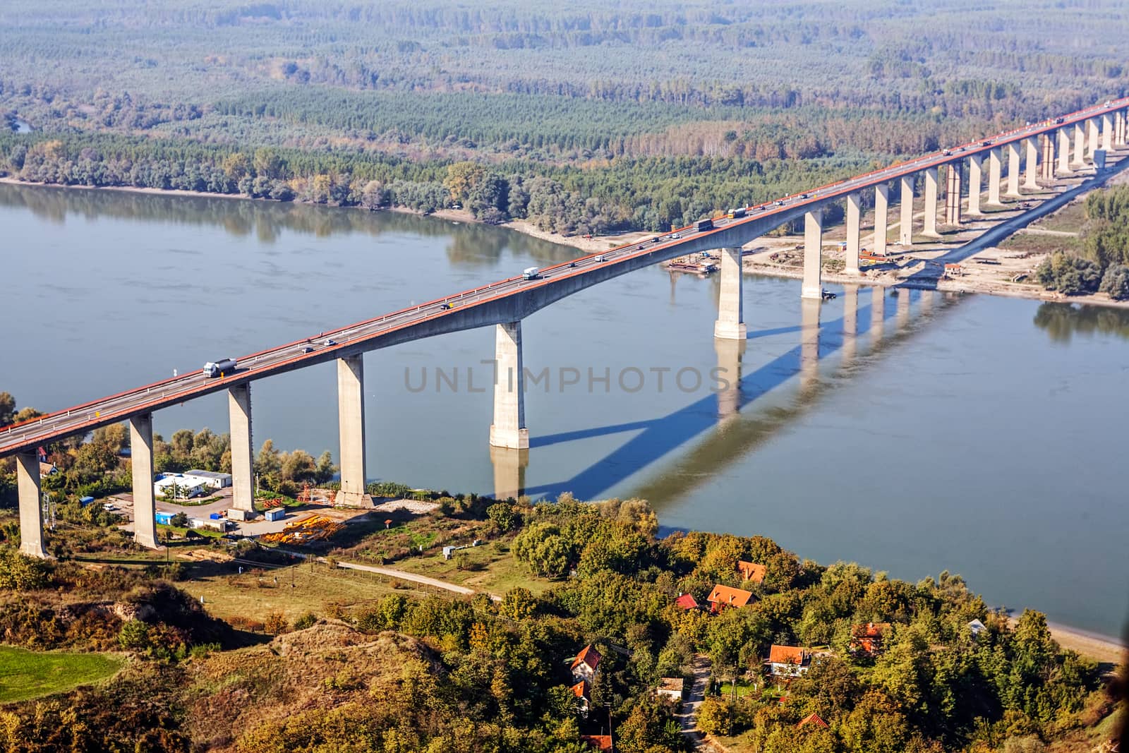 concrete bridge across river Danube aerial