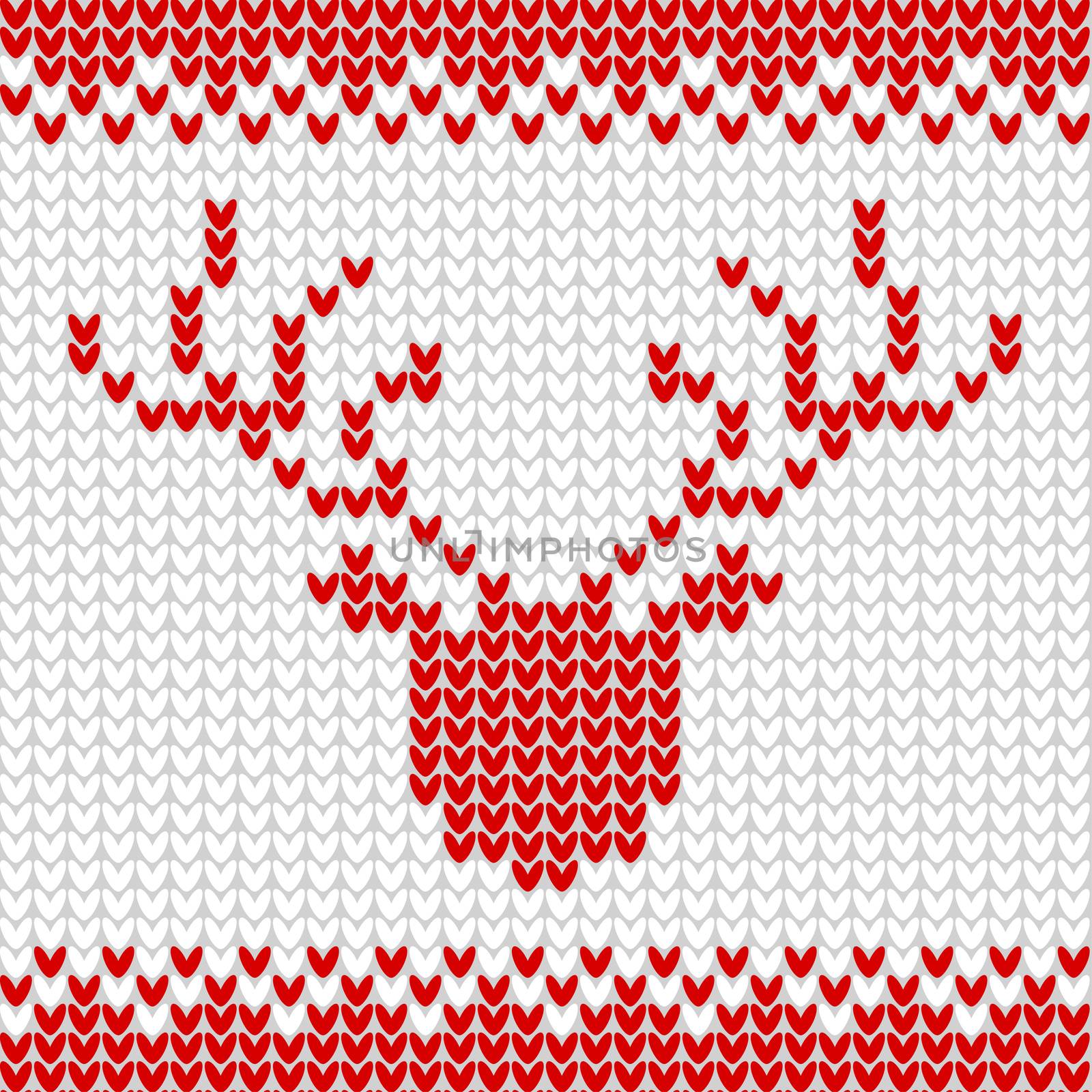 Knitted realistic seamless pattern of white and red colors with a deer. Knit texture.