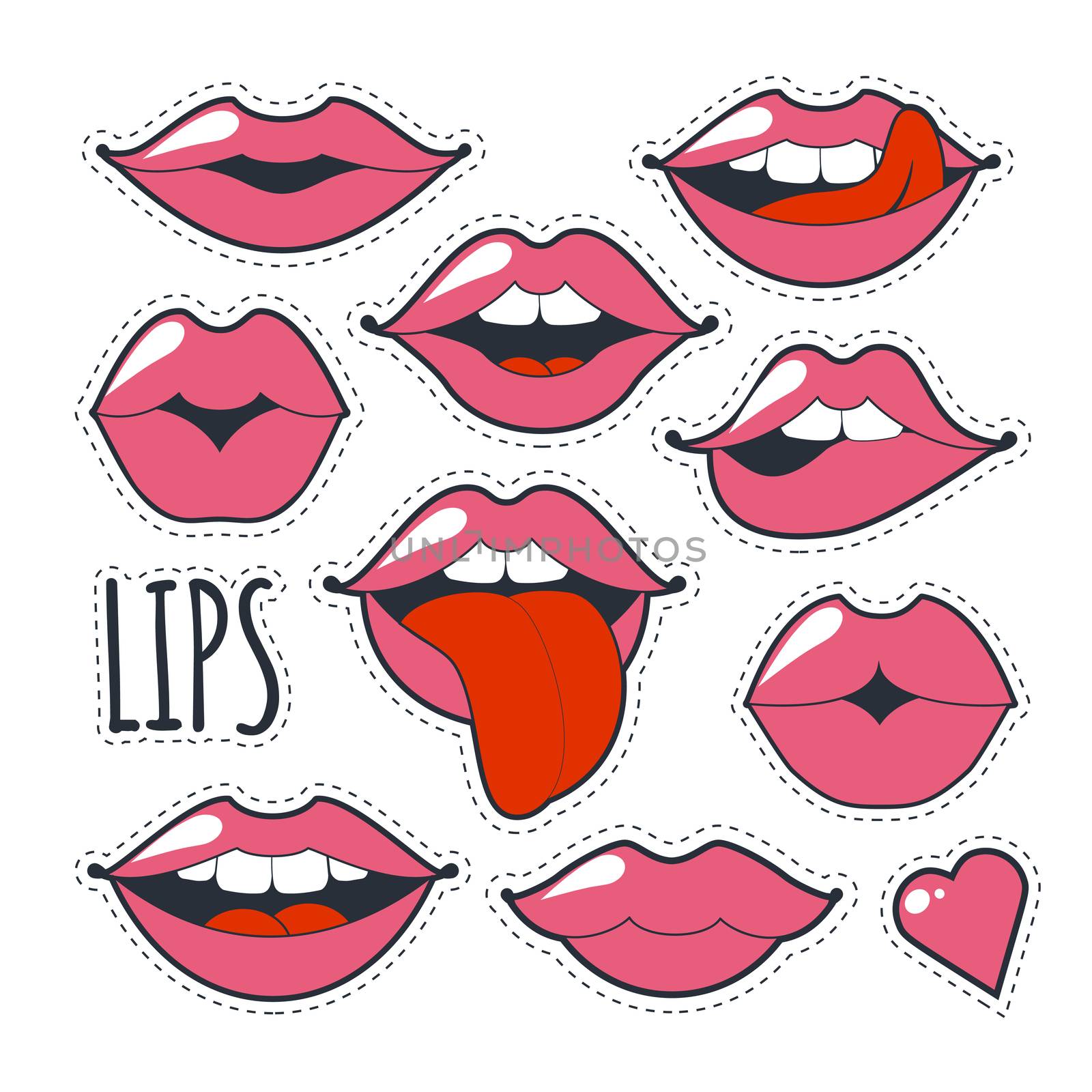 Set glamorous quirky icons. illustration for fashion design. Bright pink makeup kiss mark. Passionate lips in cartoon style of the 80 s and 90 s isolated on white background. by Elena_Garder