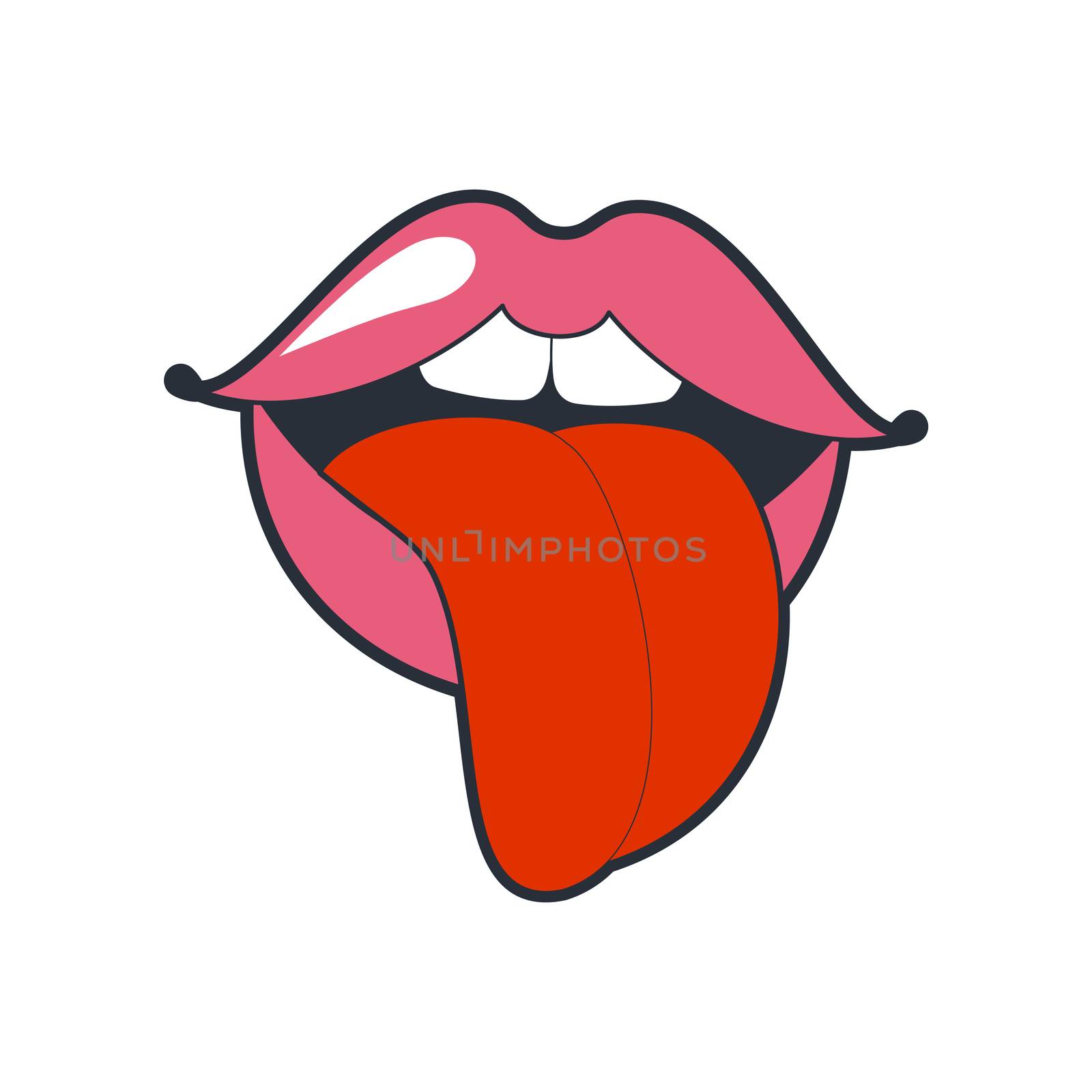 Lips quirky kiss. Patch, sticker isolated on white. Cool sexy pink lips. Selphie cartoon Sign for print, in comics, Fashion, pop art, retro style 80-s 90s