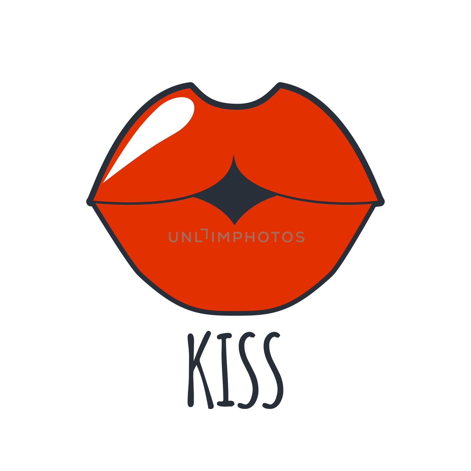 Lips kiss. patch, sticker isolated on white. Cool sexy red kissed. Selphie cartoon Sign for print, in comics, Fashion, pop art, retro style 80-s 90s by Elena_Garder