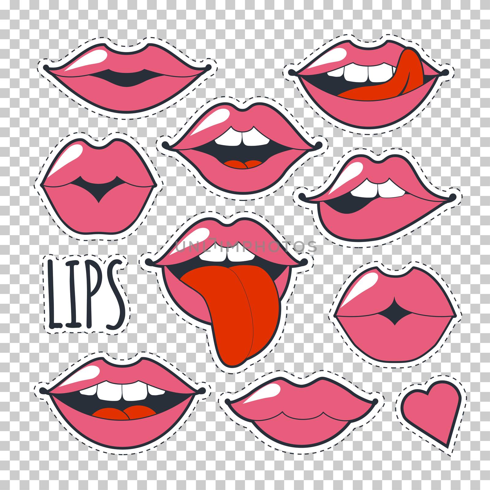 Set glamorous quirky icons. Bright pink makeup kiss mark. Passionate lips in cartoon style of the 80 s and 90 s isolated on a transparent background. Fashion patch badges with lips.