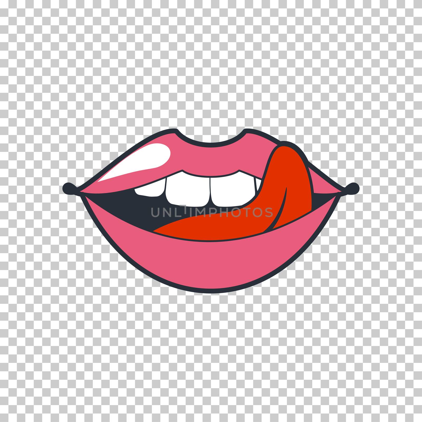 Quirky lips. patch, sticker isolated on a transparent background. Cool sexy lips. Selphie cartoon Sign for print, in comics, Fashion, pop art, retro style 80-s 90s by Elena_Garder